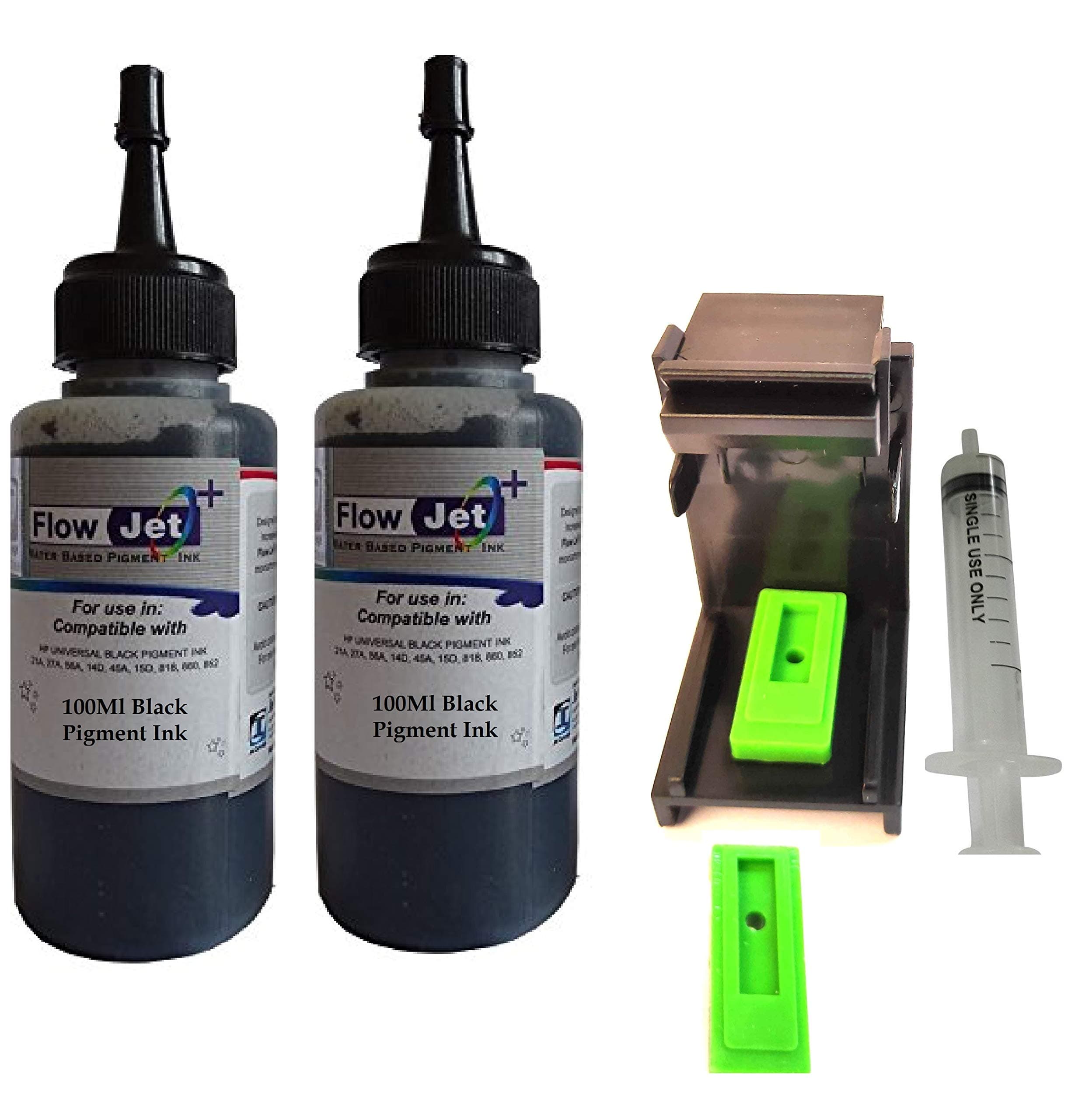 Flowjet Black Pigment Ink for HP 802 803 678 680 with Suction Toolkit, 2 X 100ML Ink Bottle