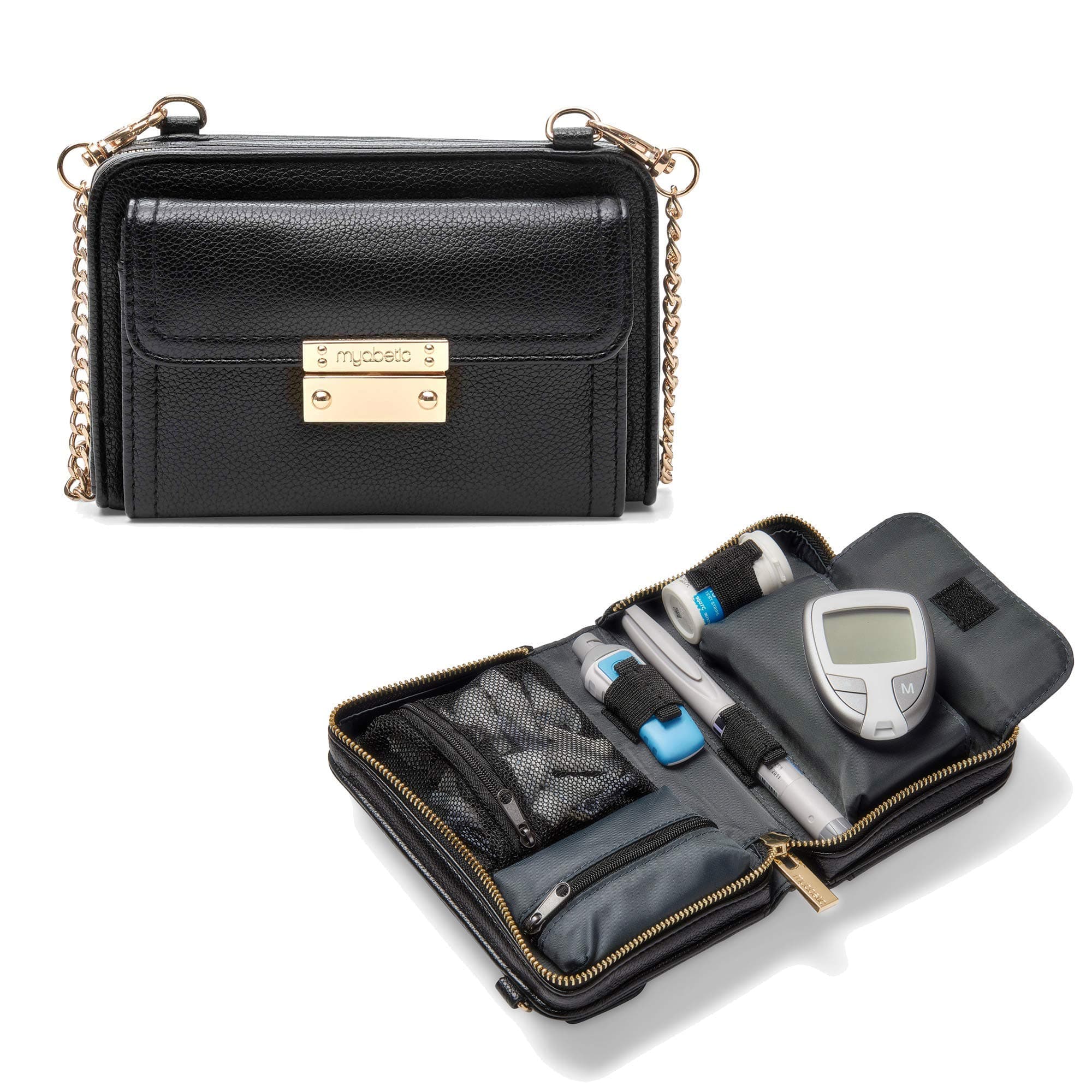 Myabetic Tina Diabetes Mini Crossbody for Glucose Meter, Test Strips, Insulin Pen or Vial, Keys, Credit Cards (Black)