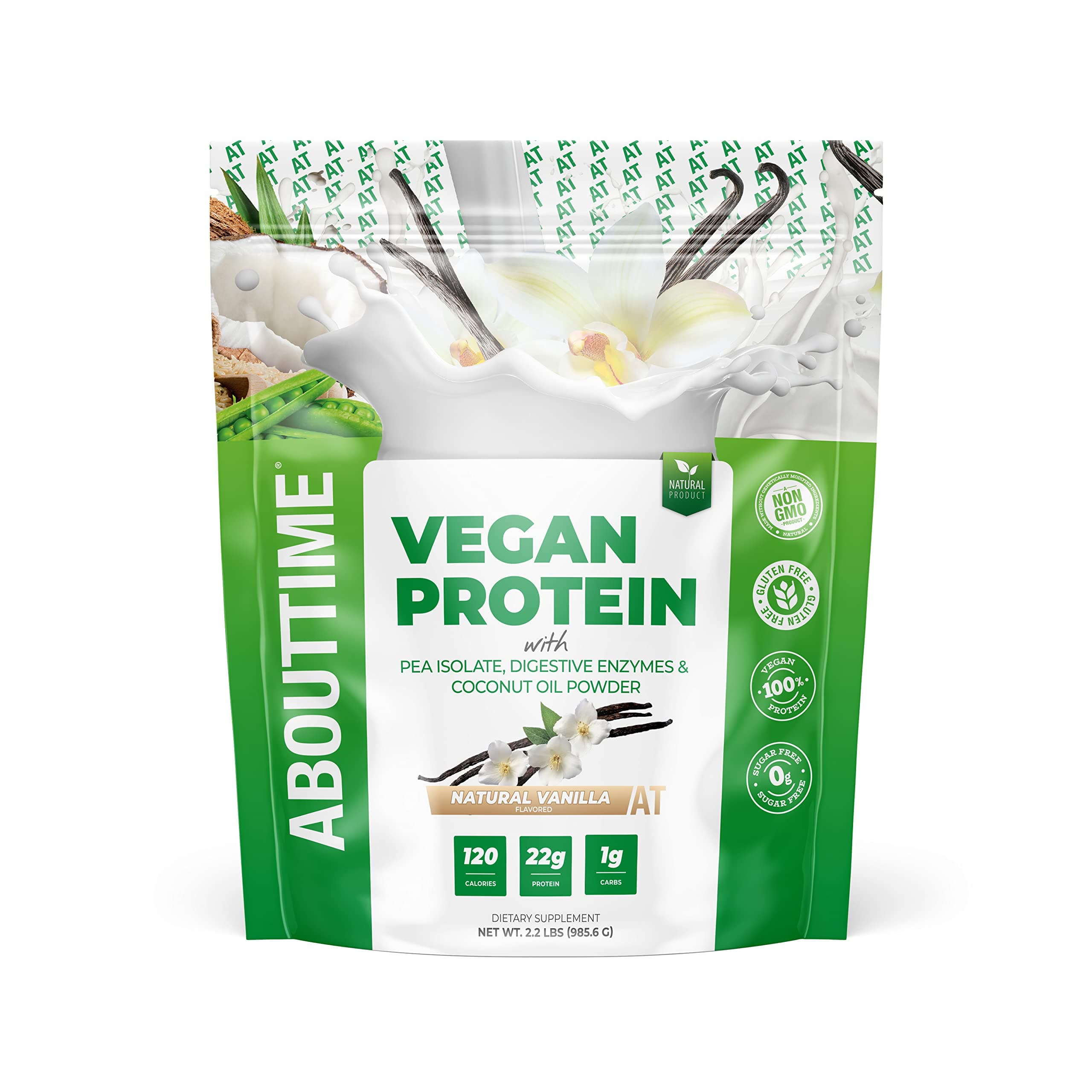 About Time Vegan Protein Powder 22g Vanilla, Natural Ingredients, Non-GMO, Plant Based, Gluten Free, Soy Free, Dairy Free, 32 Servings