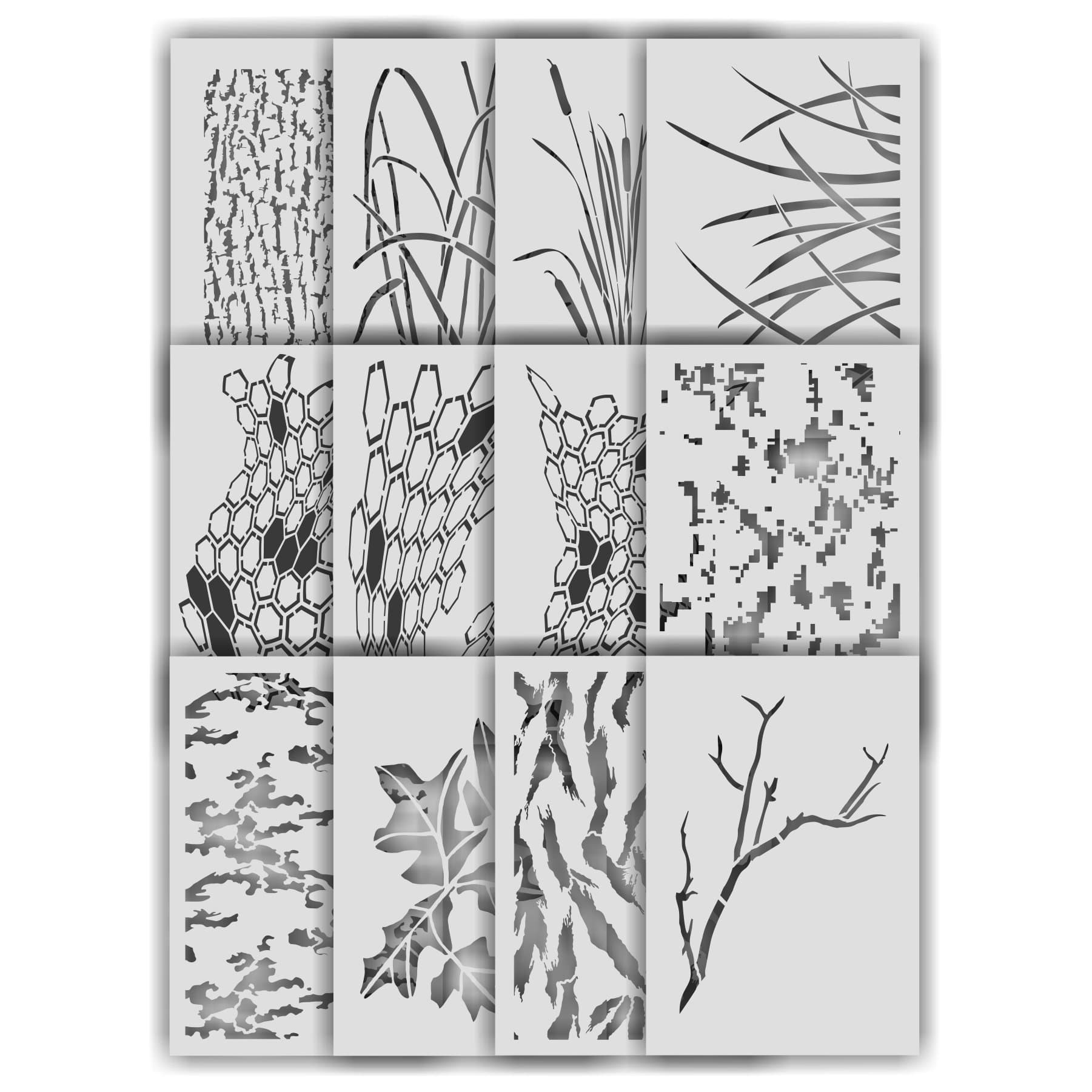 Redleg Camo® 12 Piece Stencil kit Multicamo Tiger Digital OCP HEX Camouflage bark Leaf Grass