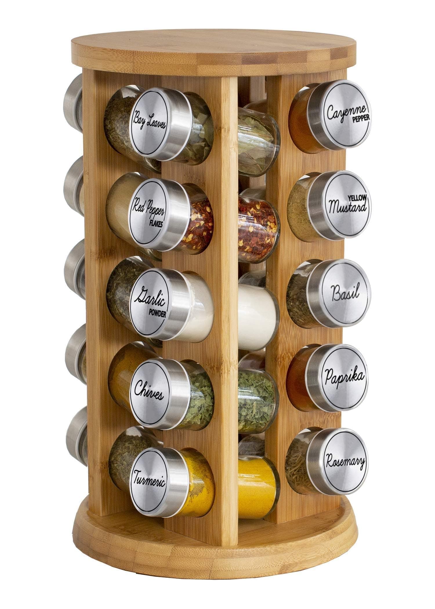 Orii 20 Jar Rotating Bamboo Spice Rack with Spices Included & 5-Year Free Spice Refill Program – Revolving Countertop Spice Rack with Glass Jars