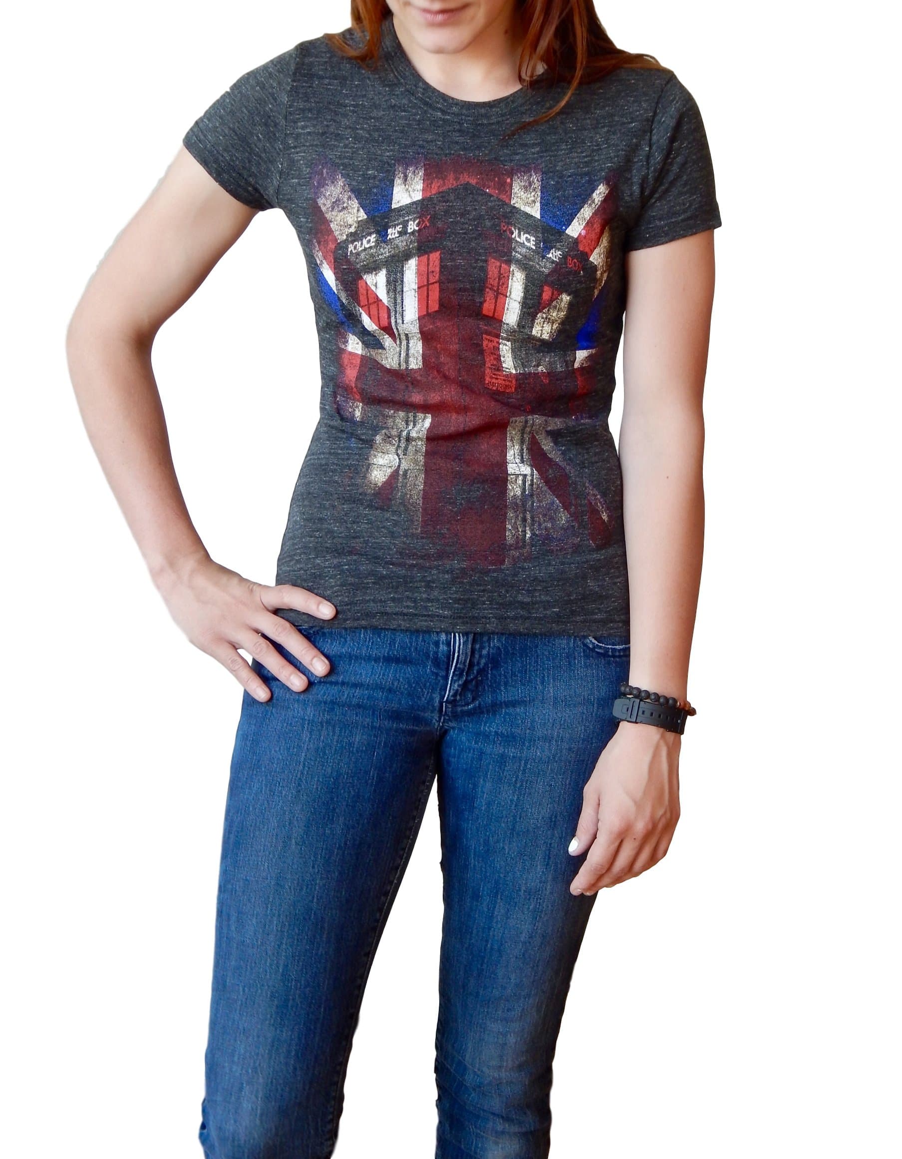 Dr Who Tardis Union Jack Glow Juniors Black Tri-Blend T-Shirt M