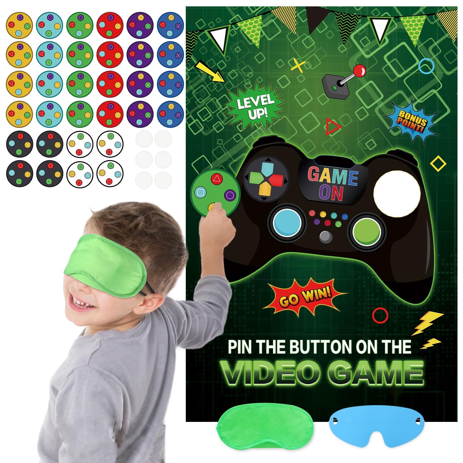 Pin the Button on the Video Game with 32PCS Video Game Stickers 20’’ X 28’’ Video Game Party Favor Poster for Kids Wall Home Room Video Game Birthday Party Decorations Supplies