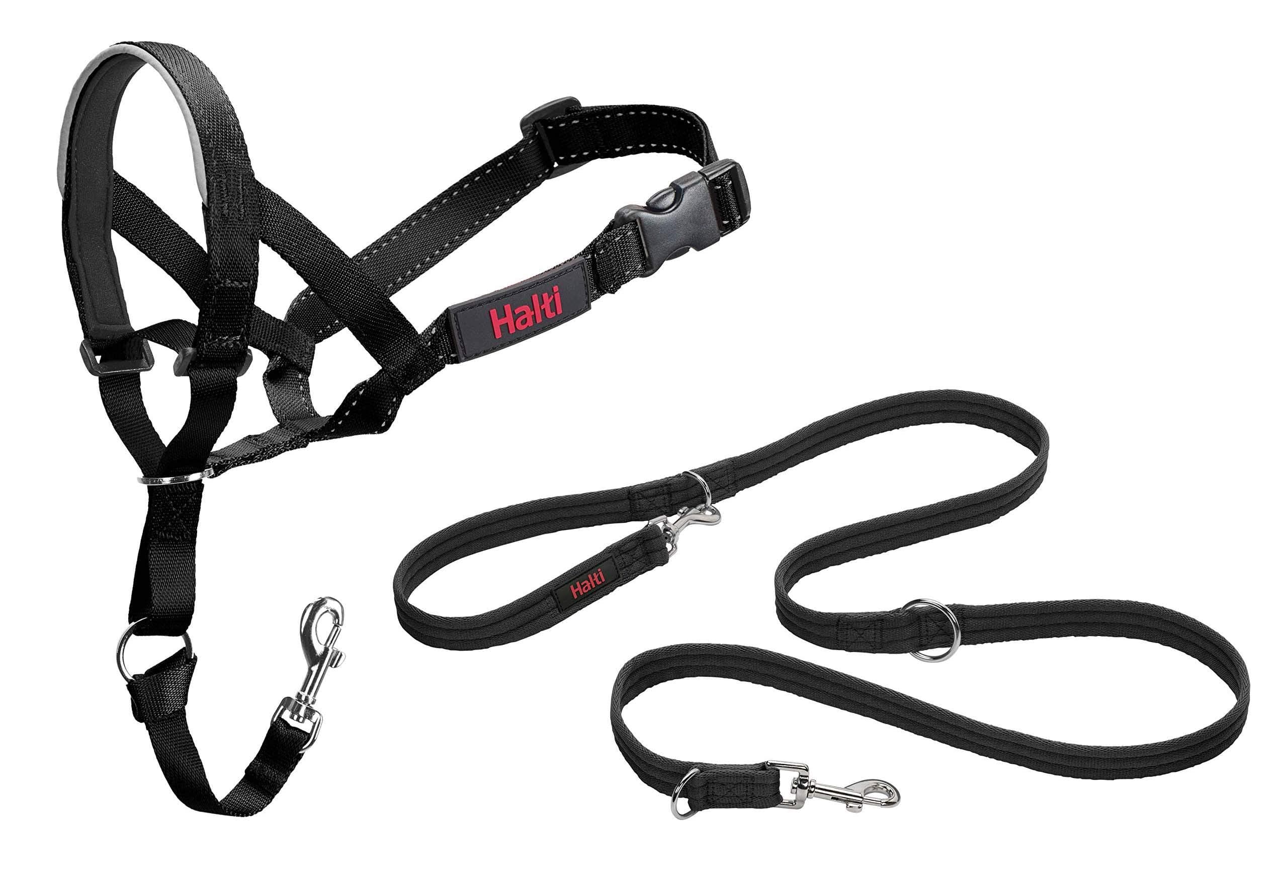 Headcollar Size 3, Black & Halti Training Leash Size Large, Black Combination Pack - Stop Your Dog Pulling on the Leash. Adjustable, Lightweight with Padded Nose Band. Suitable for Medium Dogs
