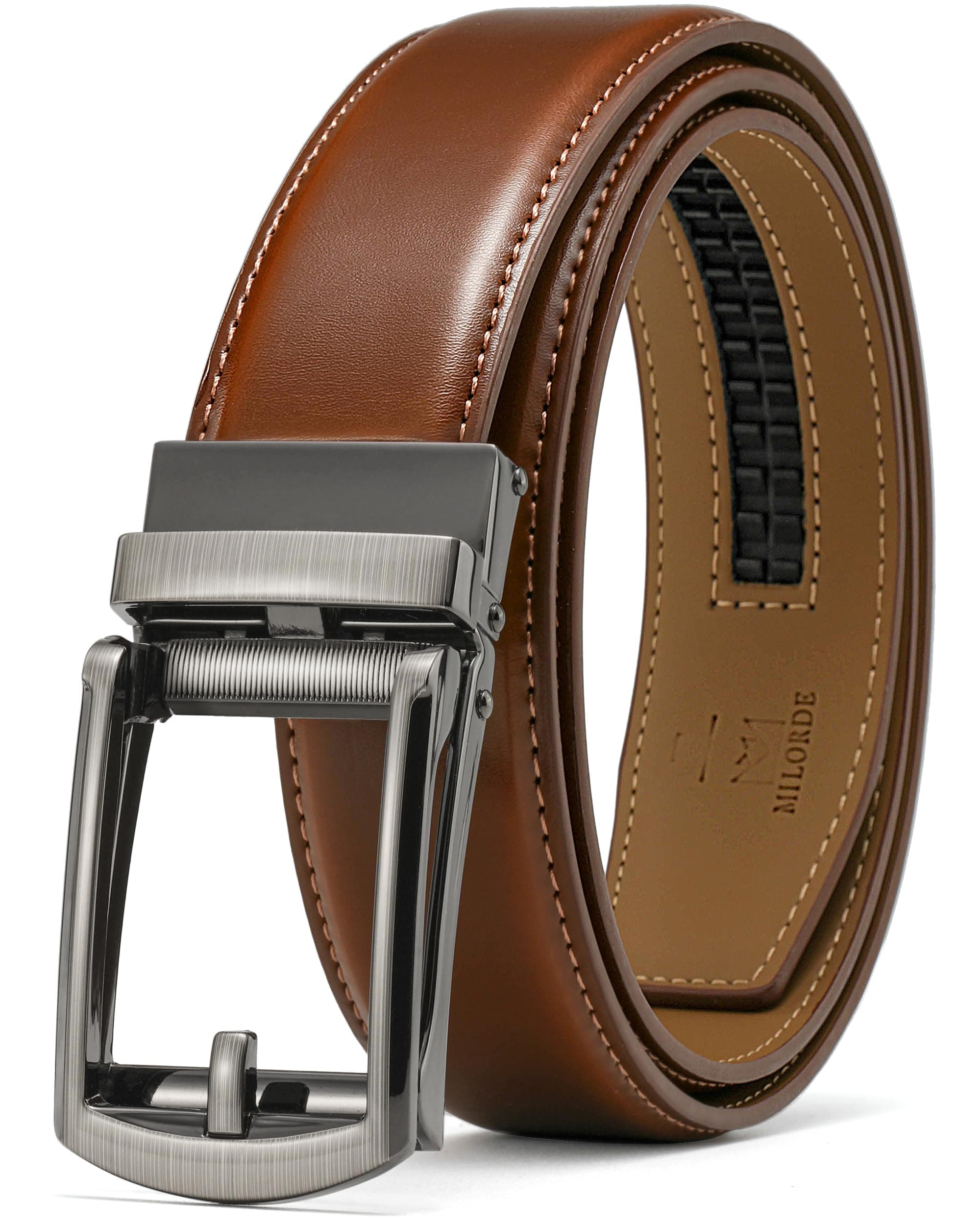 MilordeMen's Genuine Leather Ratchet Belt, Customizable Fit, 1 3/8" for Dress Pant Shirt Oxfords Casual Golf