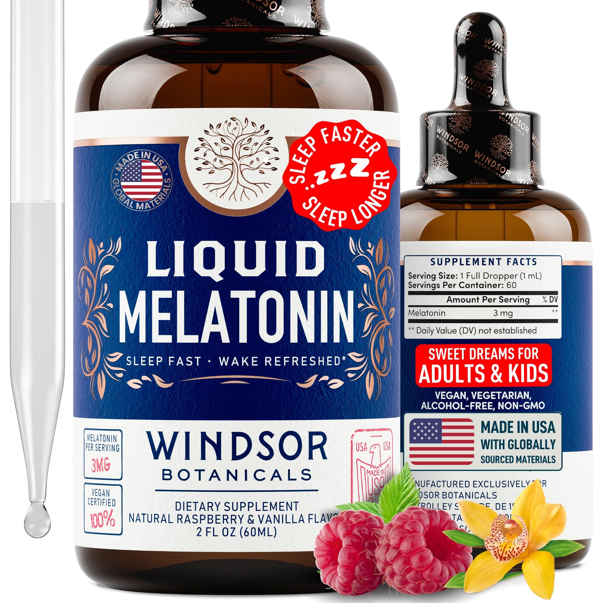 Liquid Melatonin for Adults and Kids 6 Years Up - 3mg Melatonin Drops Extra Strength Liquid Sleep Aid - Fast Absorbtion, Raspberry Vanilla Flavor Melatonina - 2oz, 2-Month Supply, Made in USA