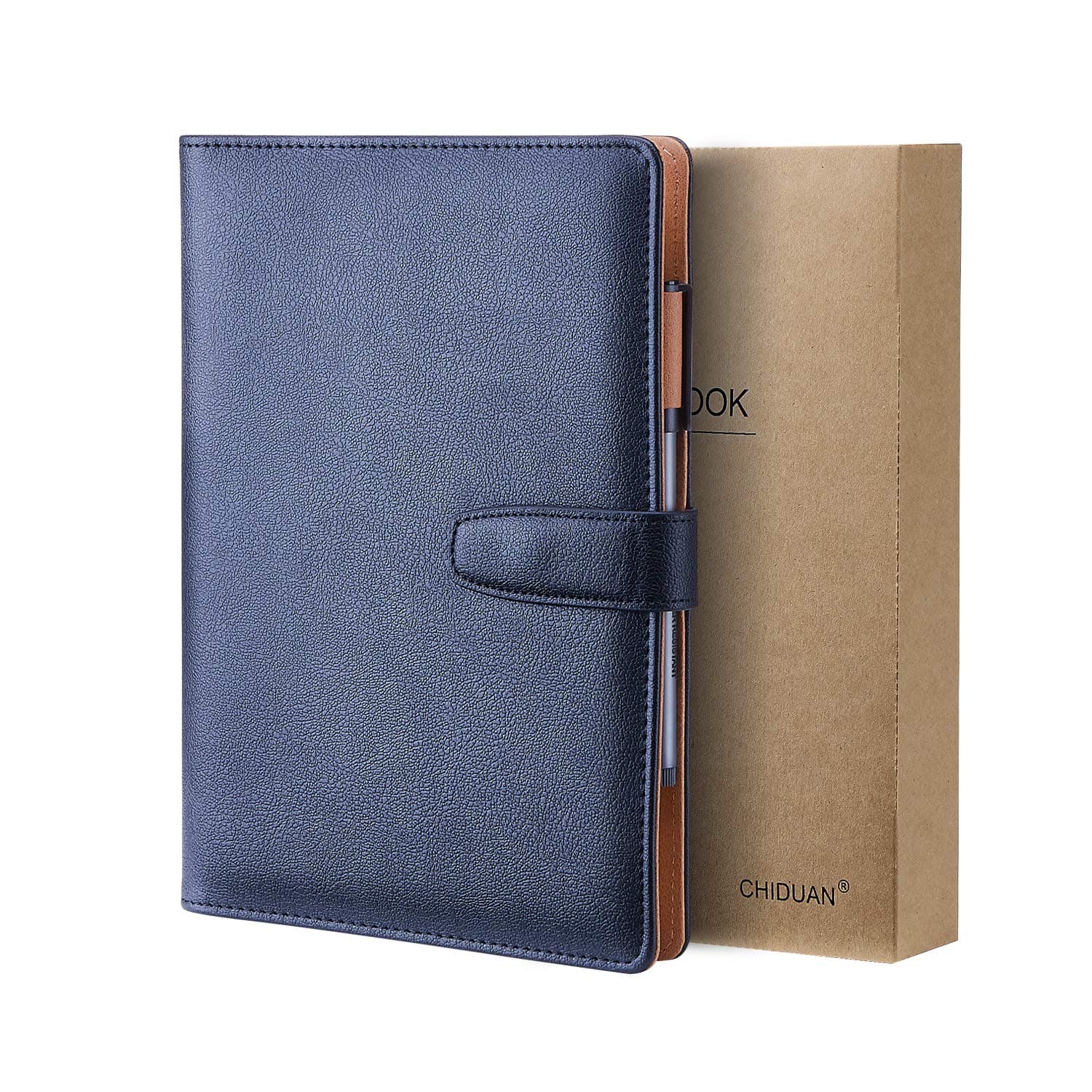 CHIDUAN A5 Leather Notebook - Refillable Loose Leaf Business Notebook/Notepad, Meeting Notebook, Ruled/Classic Lined with Pocket&Pen Holder, 100 Sheets of 100gsm Paper (Blue)