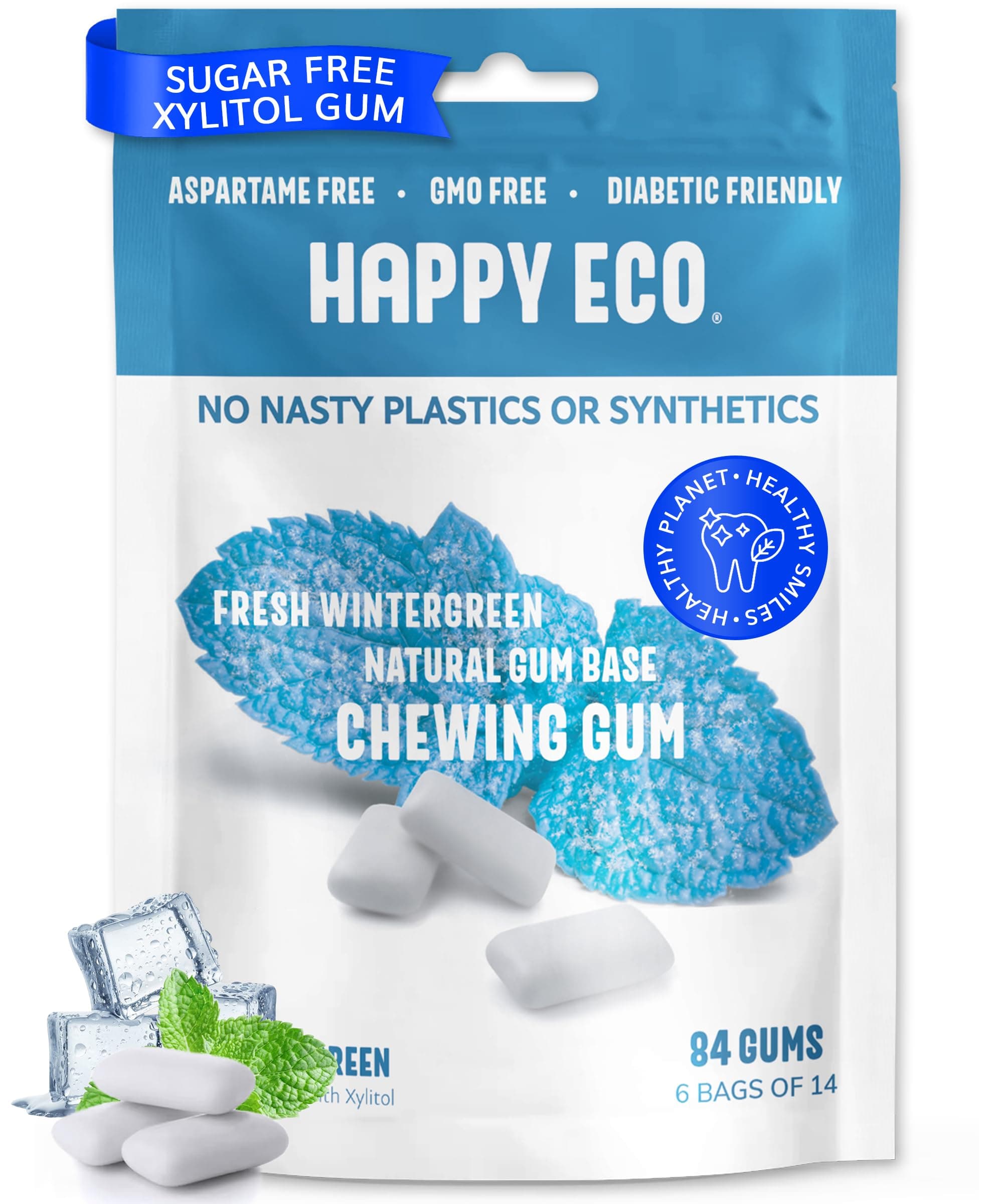 HAPPY ECO Sugar Free Natural Chewing Gum 6 Pack (84 Pieces) - Plastic Free, Xylitol Gum with Stevia - Aspartame Free - Non GMO, Vegan, Gluten Free Keto - Wintergreen