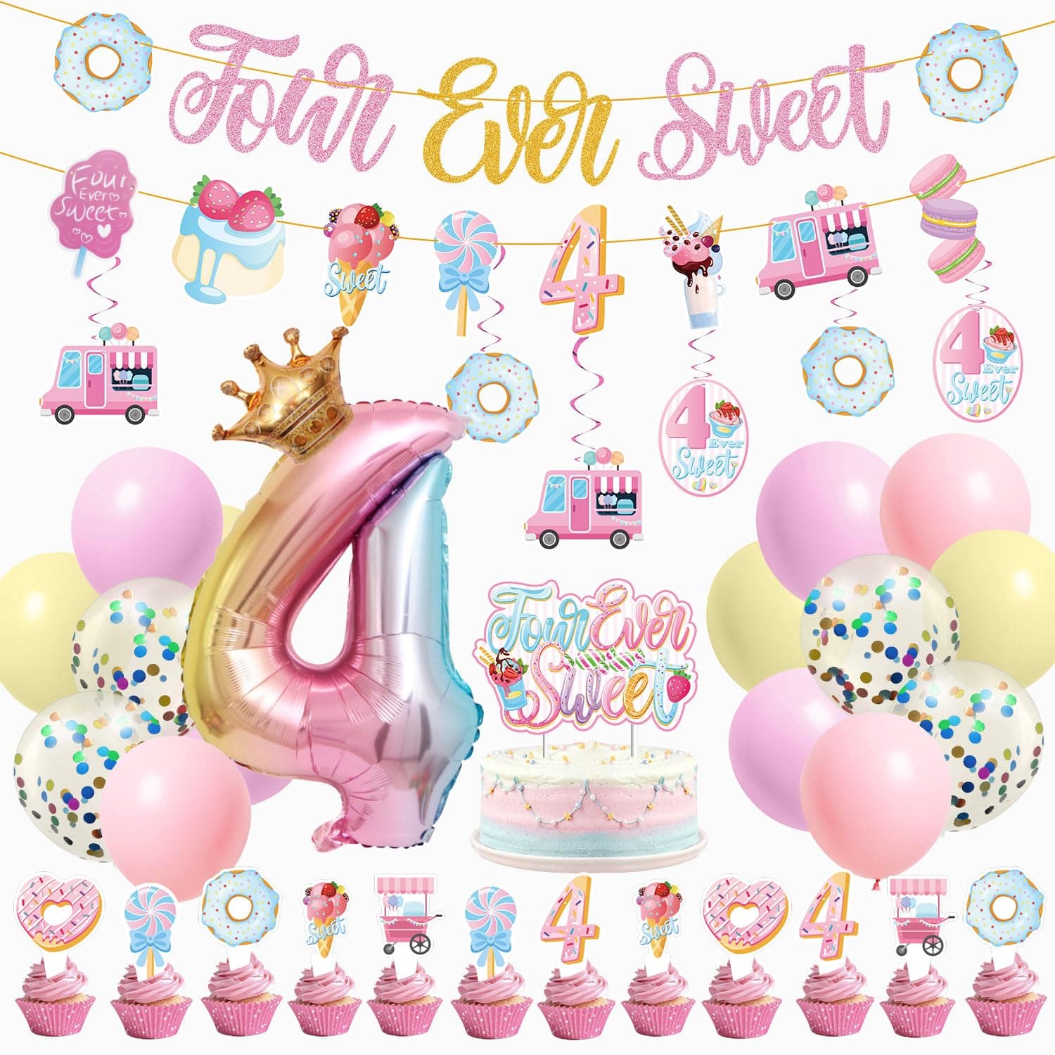 Four Ever Sweet Ice Cream Birthday Party Decorations with Donut Banner, Ice Cream Cake Toppers, Foil Balloon Arch for 4 Year Old Macaron Party Supplies