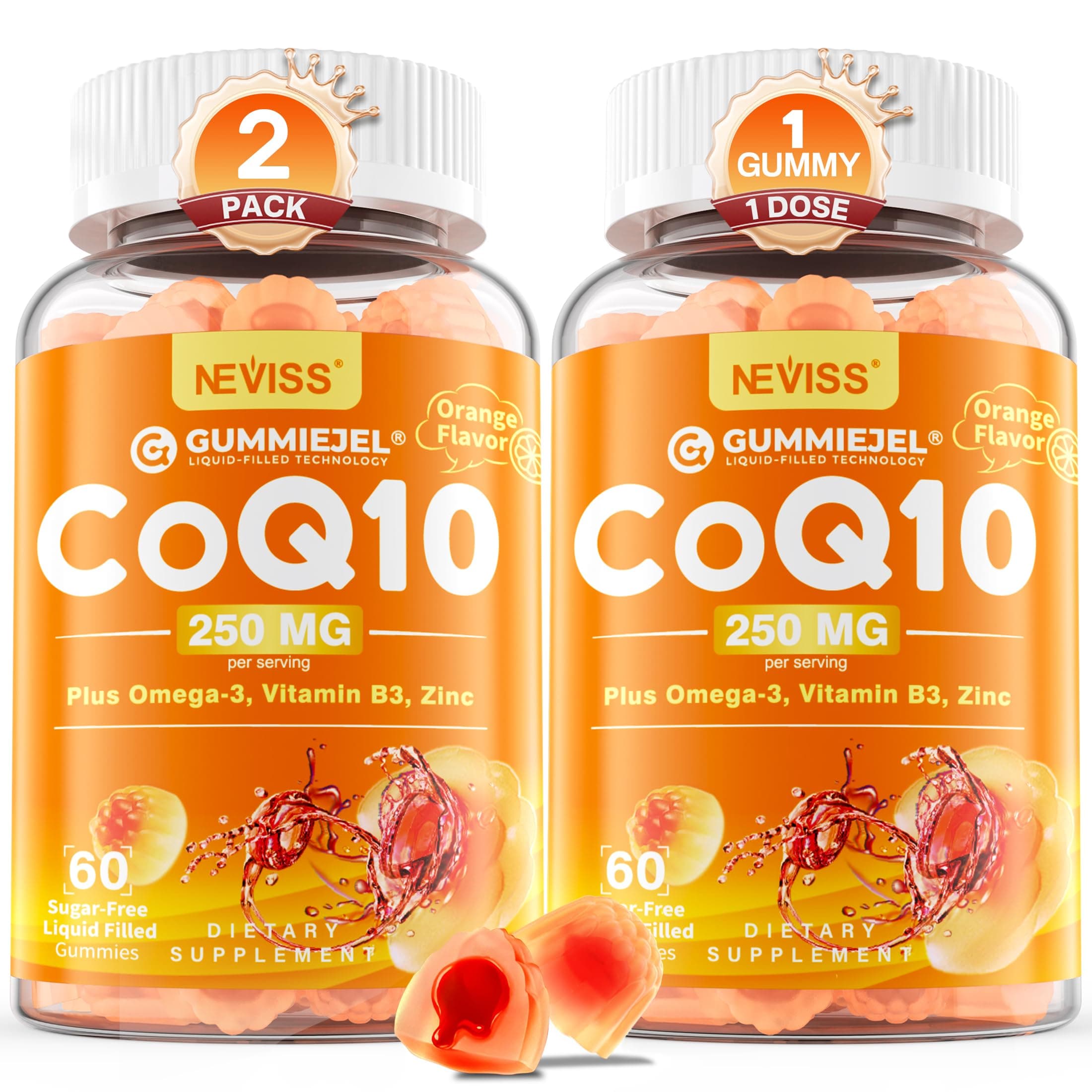 Sugar-Free CoQ10-250mg Filled Gummies - 4 Months Supply - Plus Omega-3, Vitamin B3 & Zinc, High Absorption Coenzyme Q10 Supplements for Hear-t Health, Cellular Energy & Antioxidant Support, 2-Pack