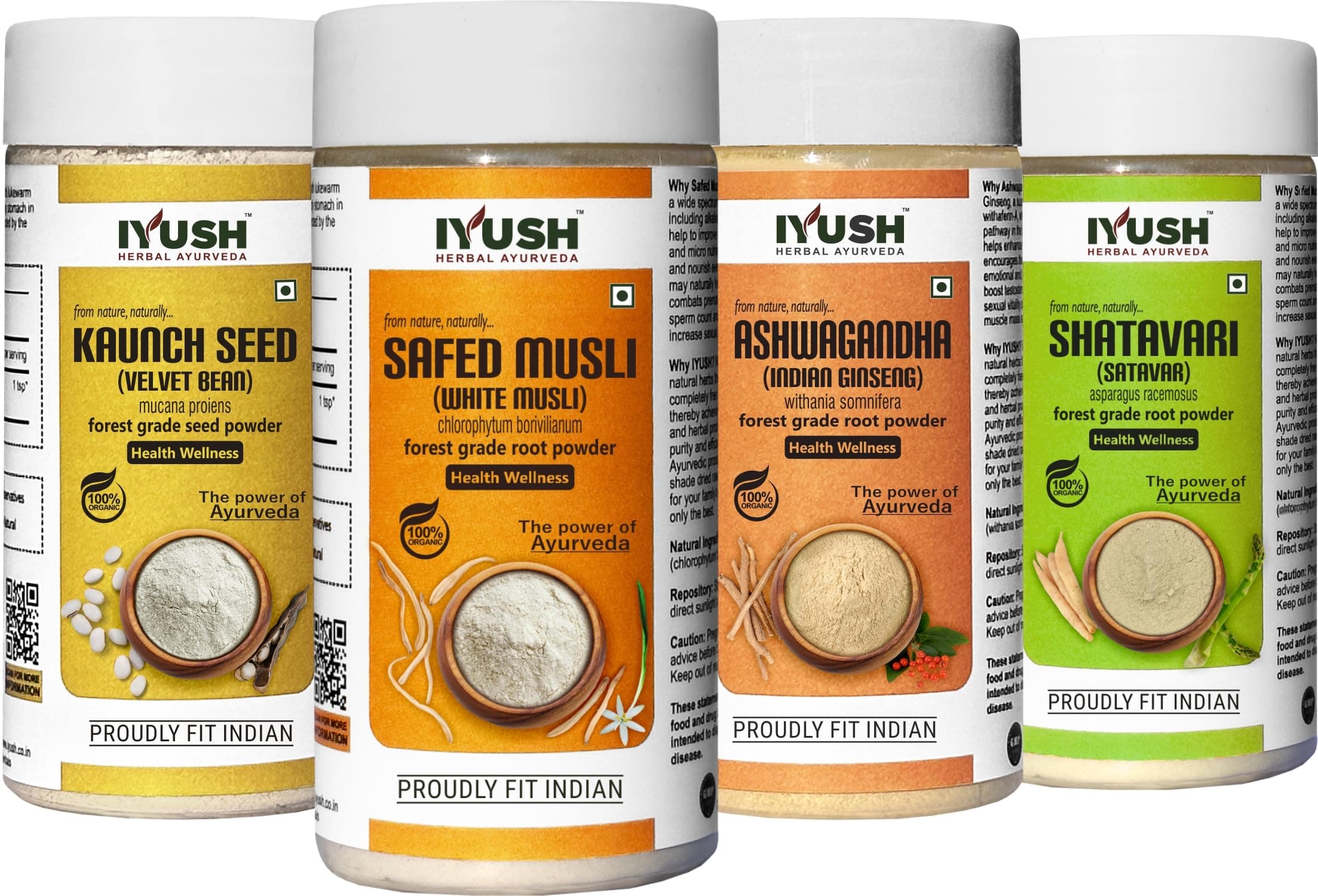 IYUSH Herbal Ayurveda Safed Musli Ashwagandha Kaunch Beej Shatavari Powder - 100gm each