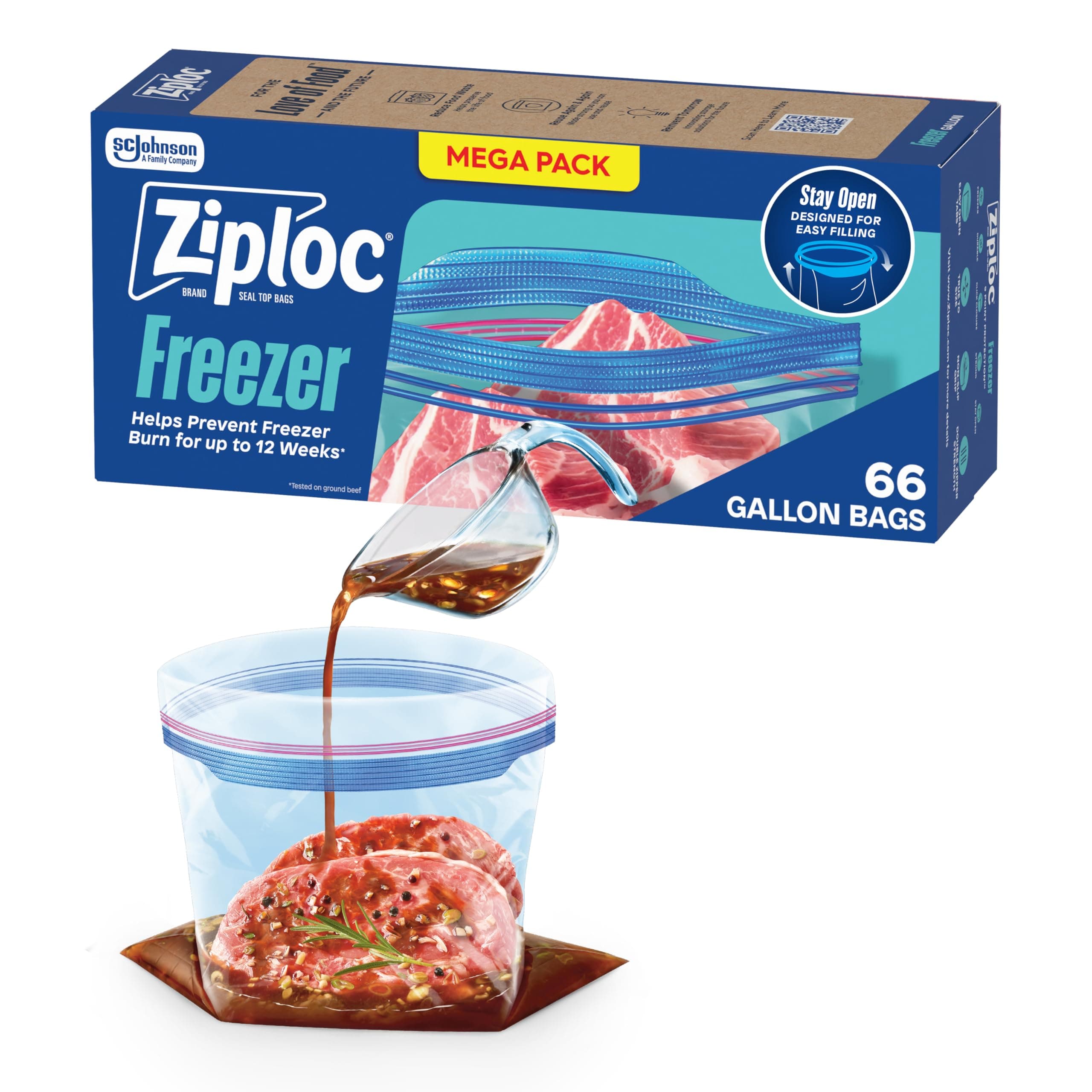 Ziploc Gallon Food Storage Freezer Bags, Stay Open Design, Easy to Fill, 66 Count