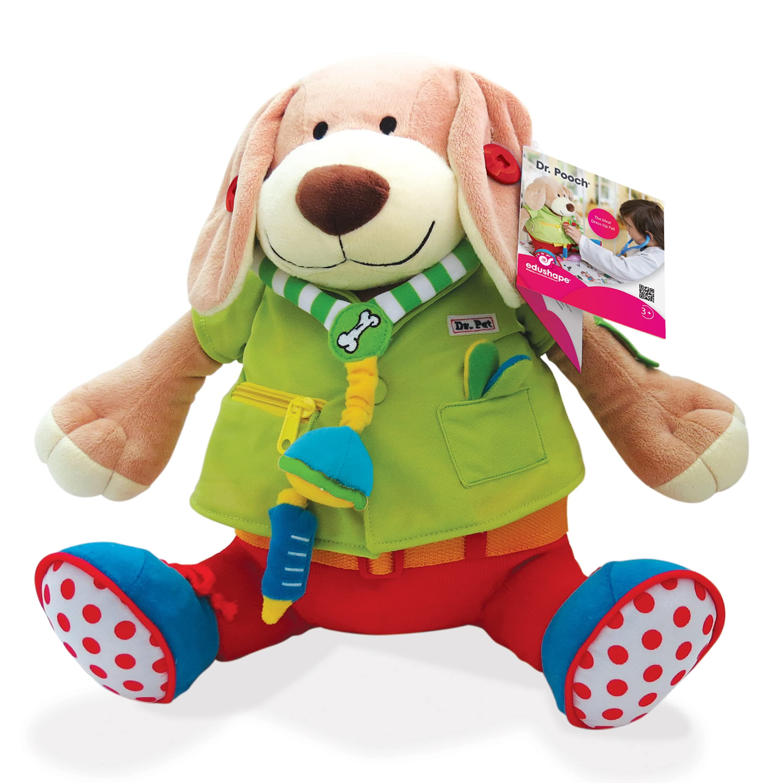 Edushape Dr Pooch Plush Soft Toy. Teaches Children How to Dress Themselves. Includes Buckle on the Belt, Button on the Ear, Removable Jacket and Laces on the Shoe. Suitable For Boys & Girls 3 years +