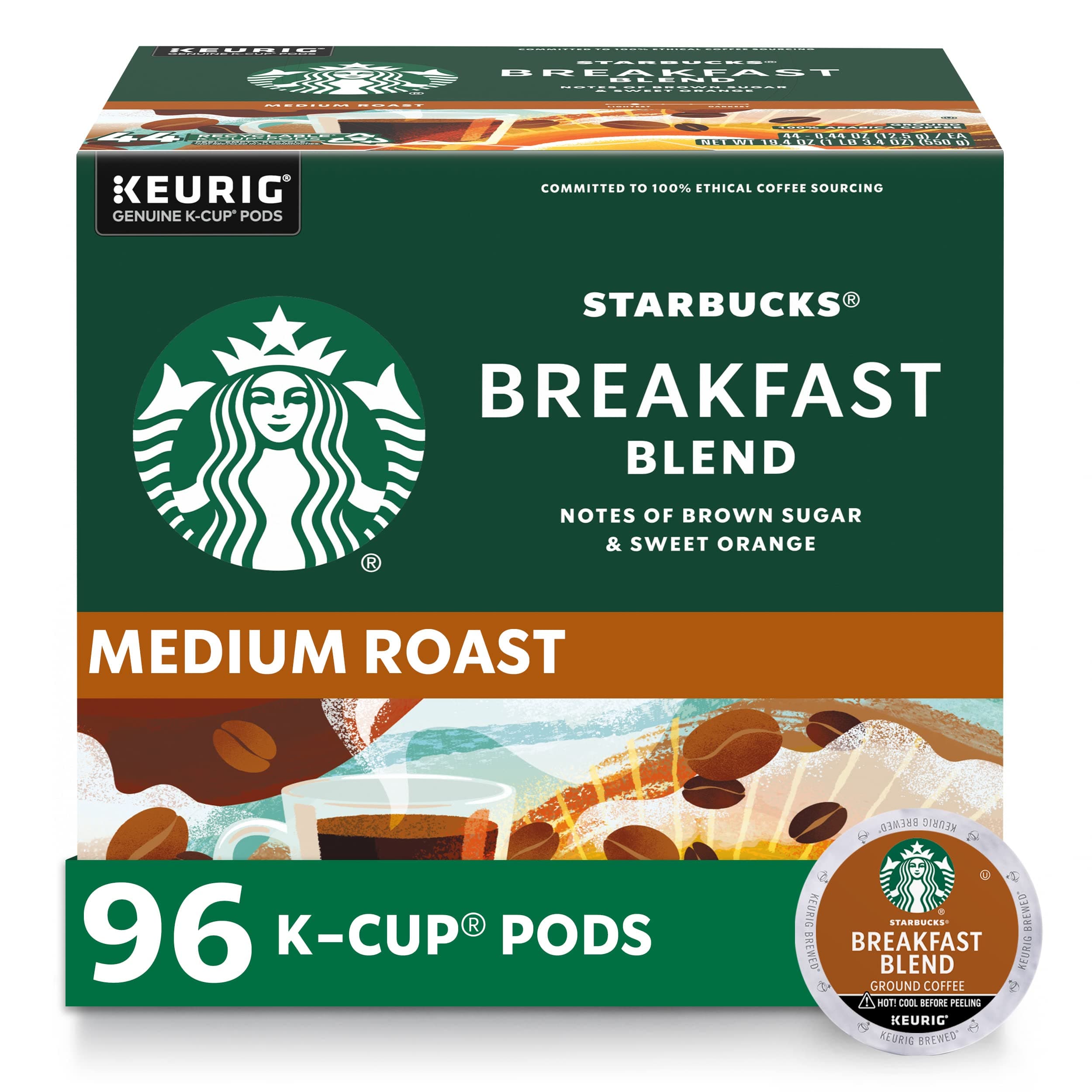 K-Cup Coffee Pods, Medium Roast Hot or Iced Coffee, Breakfast Blend, 96 Keurig Pods