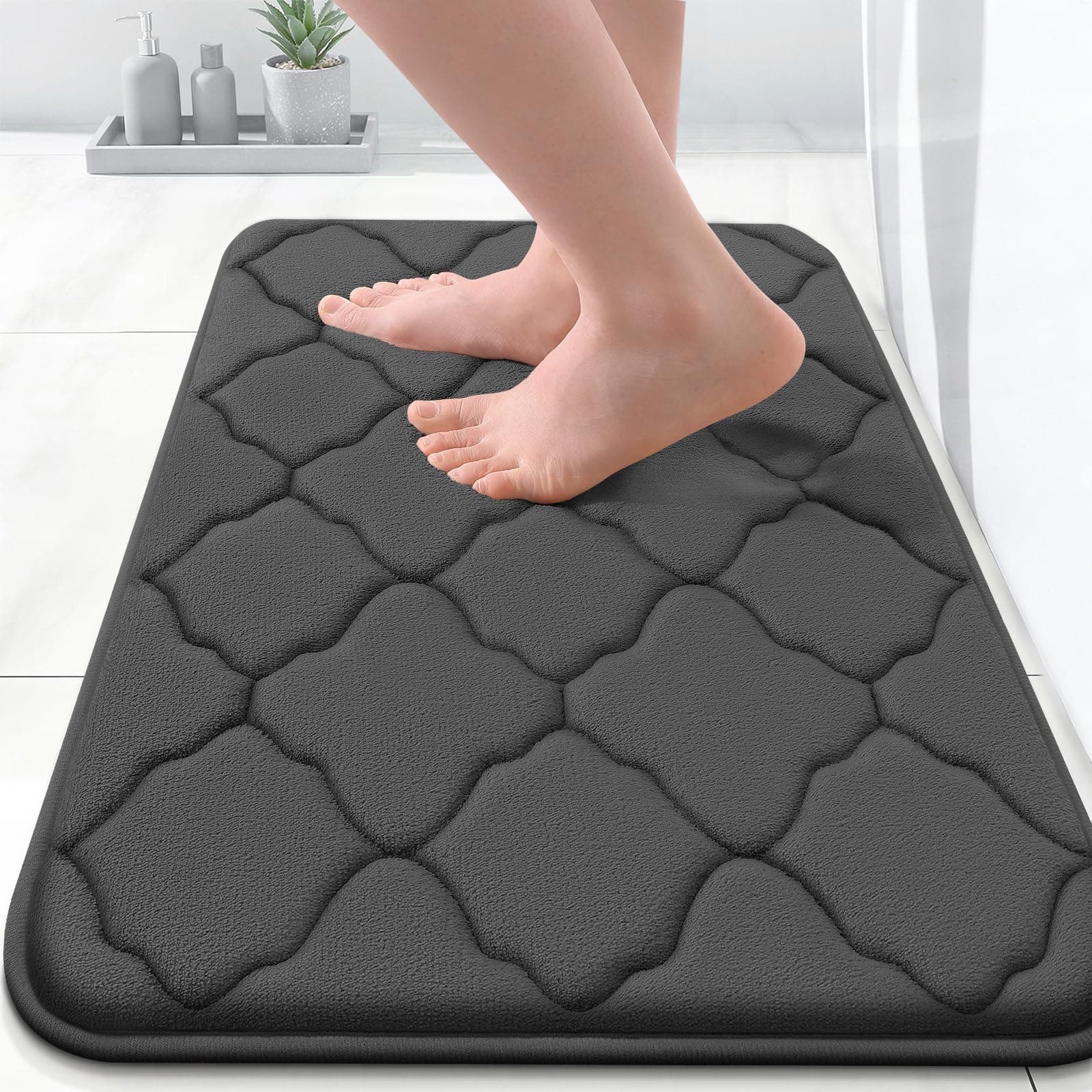 OLANLY Memory Foam Bath Mat Rug 24x16, Ultra Soft and Absorbent Bathroom Rugs, Non-Slip, Comfortable, Machine Washable Bath Carpet for Bathroom Floor, Tub, Shower and Home Decor Accessories, Black