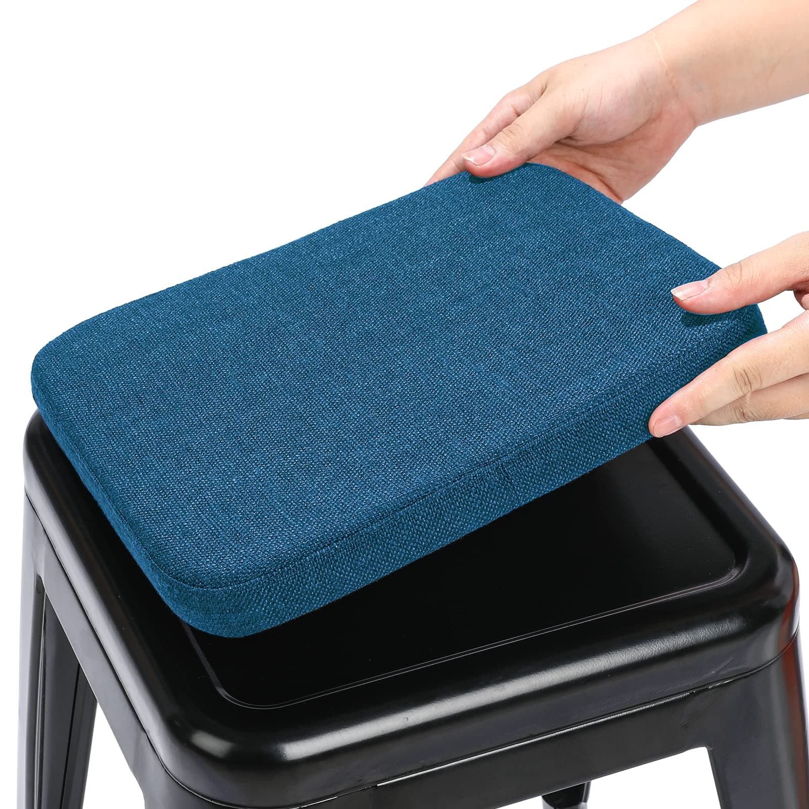 BUYUE Friendly Woven Fabric Magnetic Bar Stool Cushion 1 Piece, Enhanced Anti-Slip Breathable Small Chair Seat Pad for Café Bistro Stackable Metal Stool (Square, Dark Blue, 1)