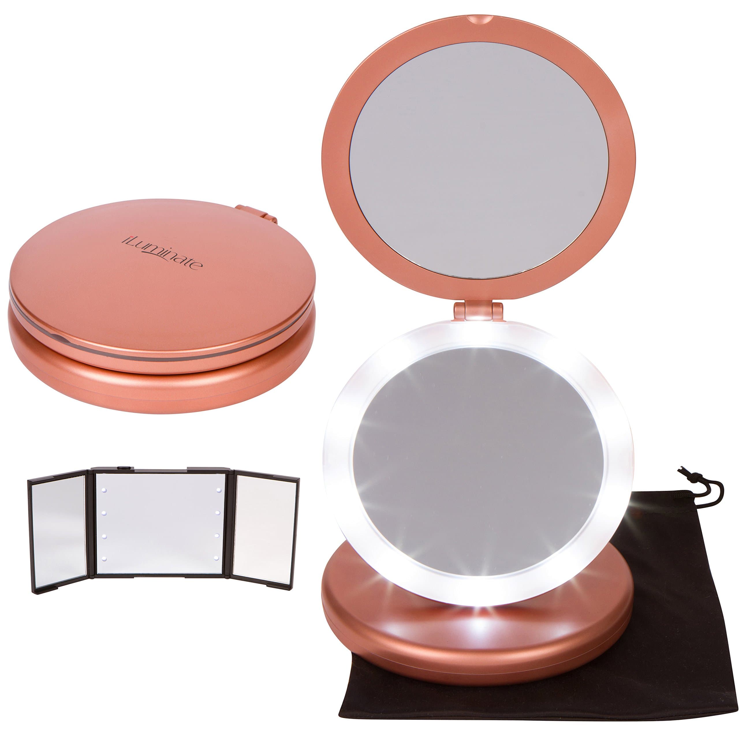 iLuminate Folding Vanity Makeup Mirror - with Bonus Small Compact Mirror, Lighted Oval Mirror with 1X and 5X Magnification, Battery Operated, Rose Gold
