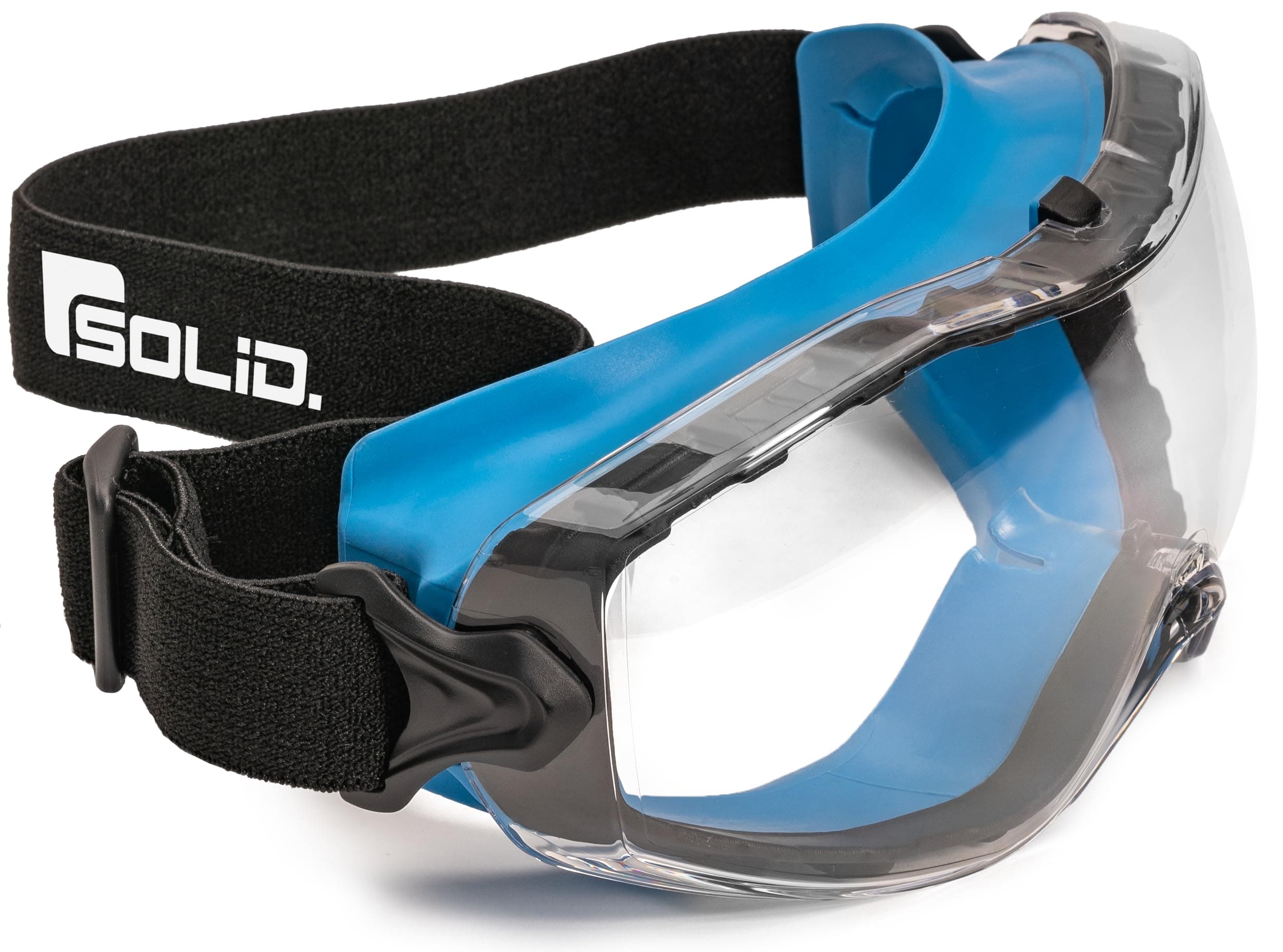 SolidWork Solid. Safety Goggles that fits perfectly | Protective eyewear with anti-fog, anti-scratch and UV-protection lenses | Ideal for wearing as safety glasses over glasses | Clear lens | Blue