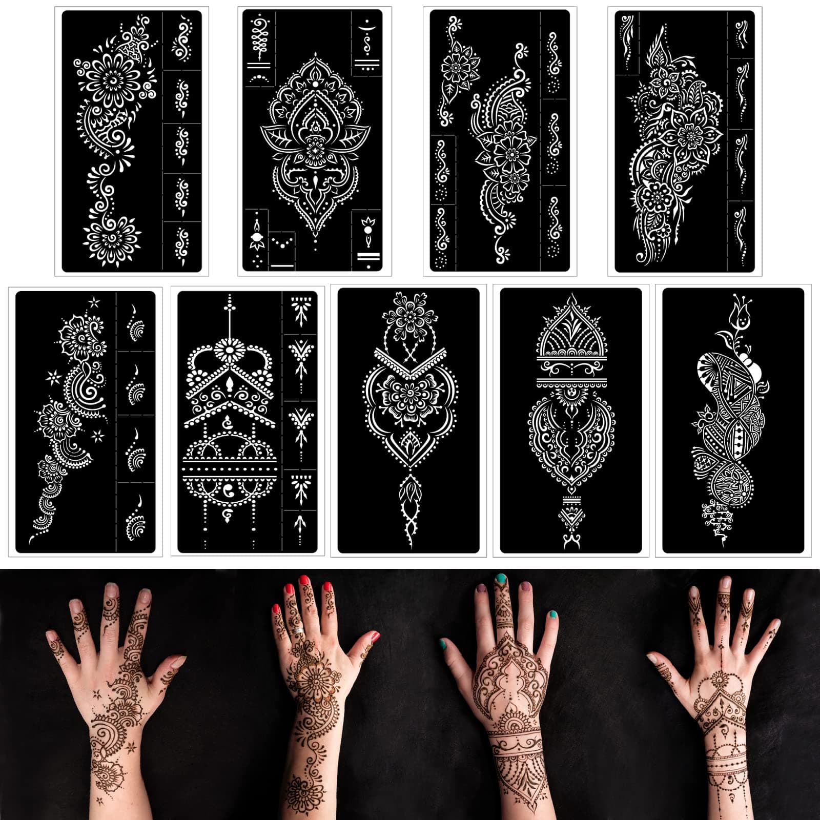 Henna Tattoo Stencils kit,Reusable Henna Stencils for Hand Forearm Glitter Airbrush DIY Tattooing Template, Indian Temporary Tattoo Stickers for Women Girls(8.2" x 4.7")