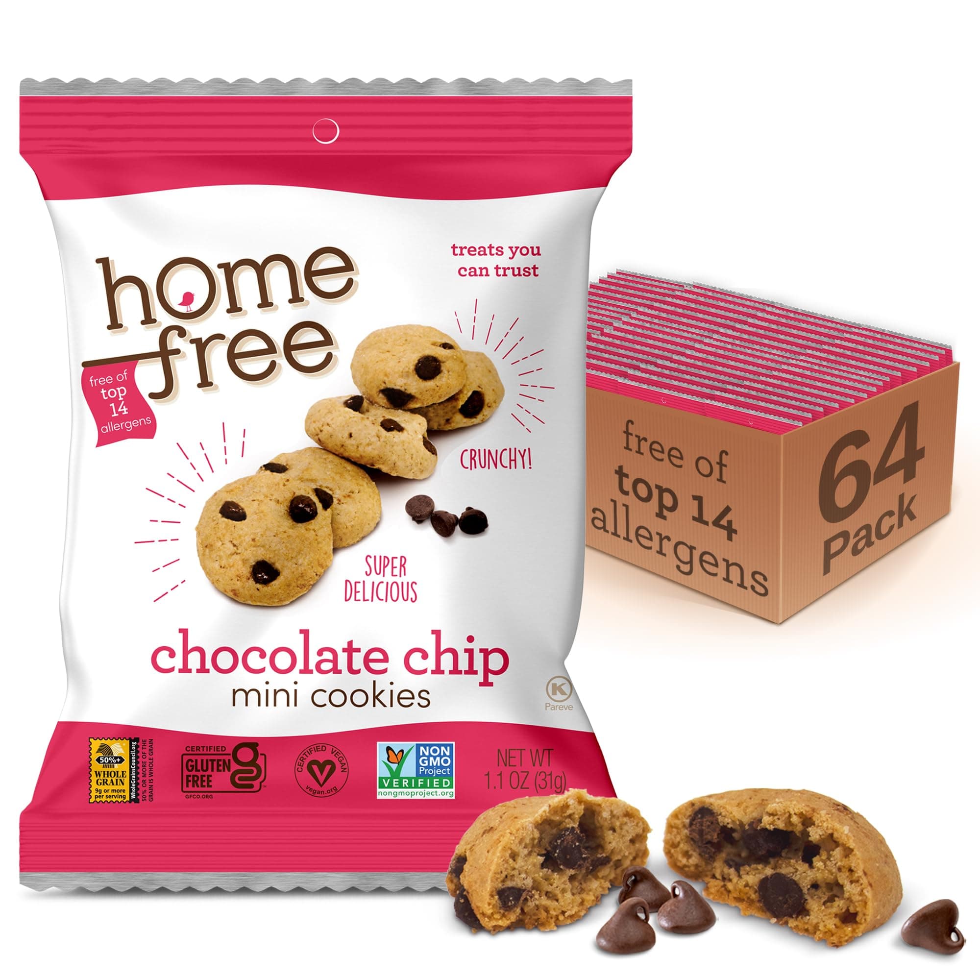 Homefree Treats You Can Trust Gluten Free Mini Cookies, Single Serve, Chocolate Chip, 1.1 Ounce (Pack of 64)