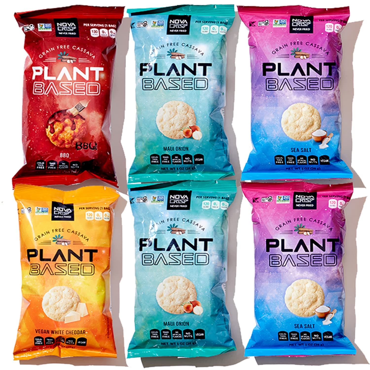 NOVACRISP Plant Based Cassava Chips & Crisps | Certified Gluten Free, Non GMO, Certified Vegan, Healthy Snacks | Air Popped, Never Fried, Low Calorie Snack Packs, Nut Free, & Kosher (Variety, 1 Ounce (Case of 6))