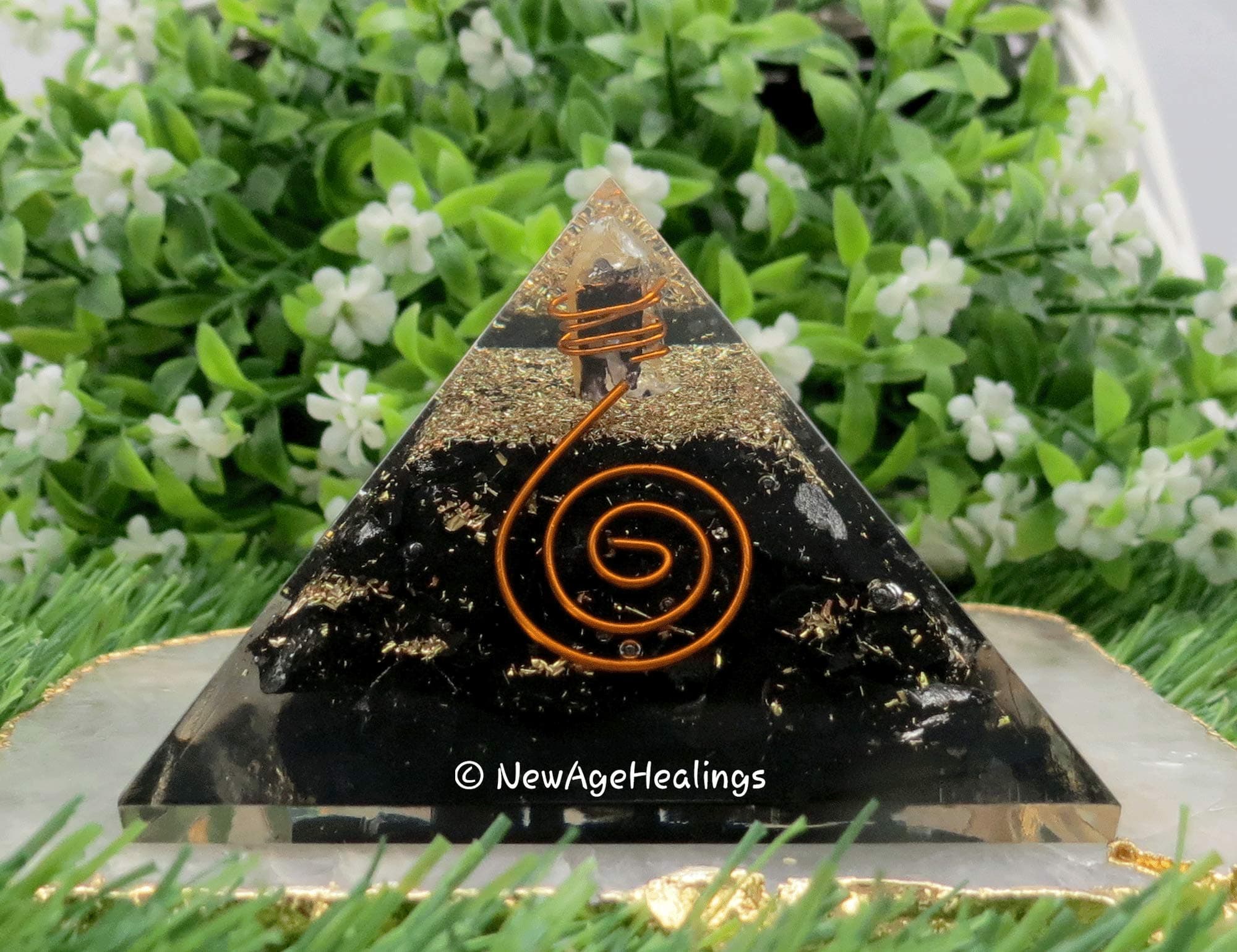 Shungite Orgonite Pyramid for EMF Protection with Healing Copper Coil