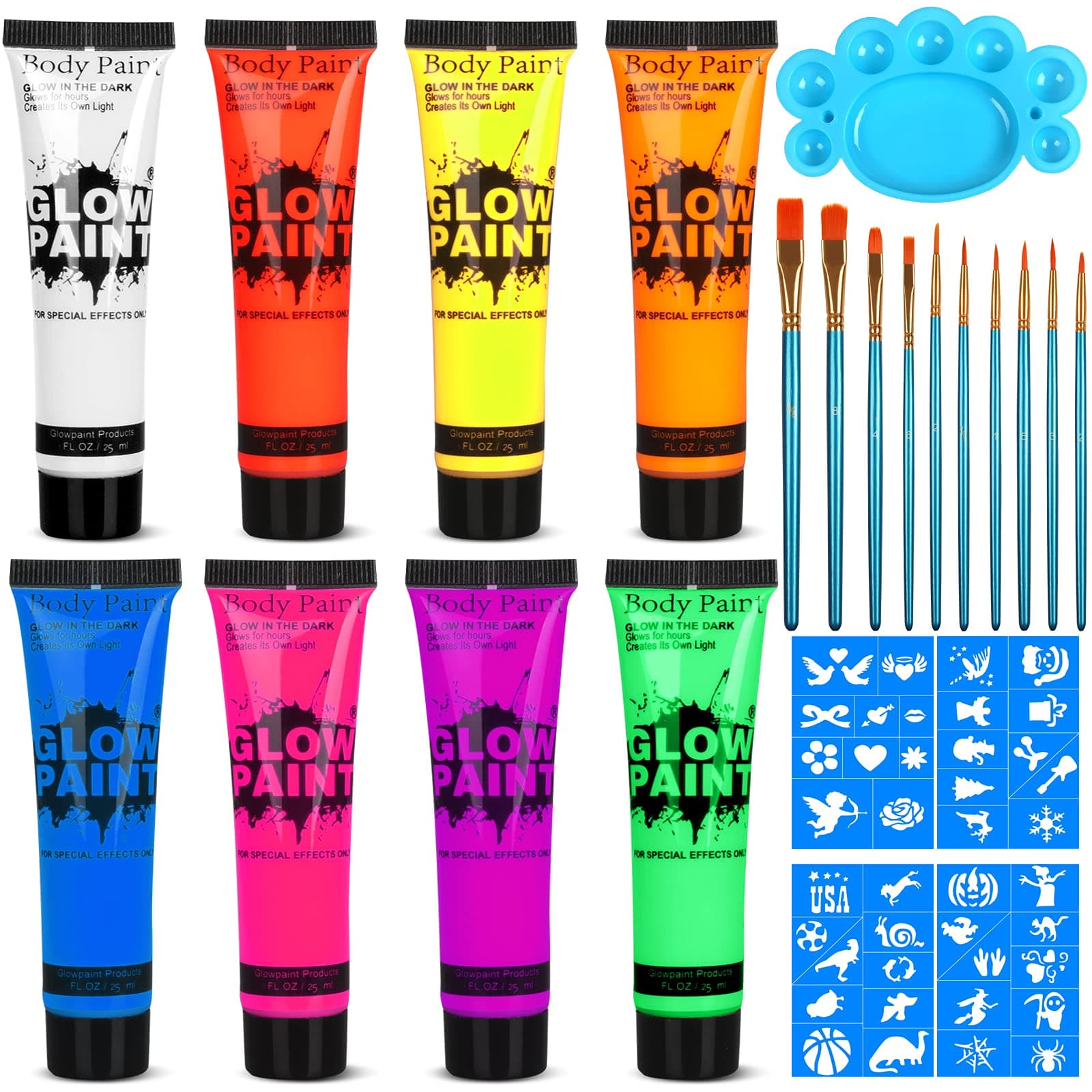 Fenshine Uv Glow Blacklight Neon Face And Body Paint, 8 Tubes 25Ml In The Dark Paints, Fluorescent Party Supplies