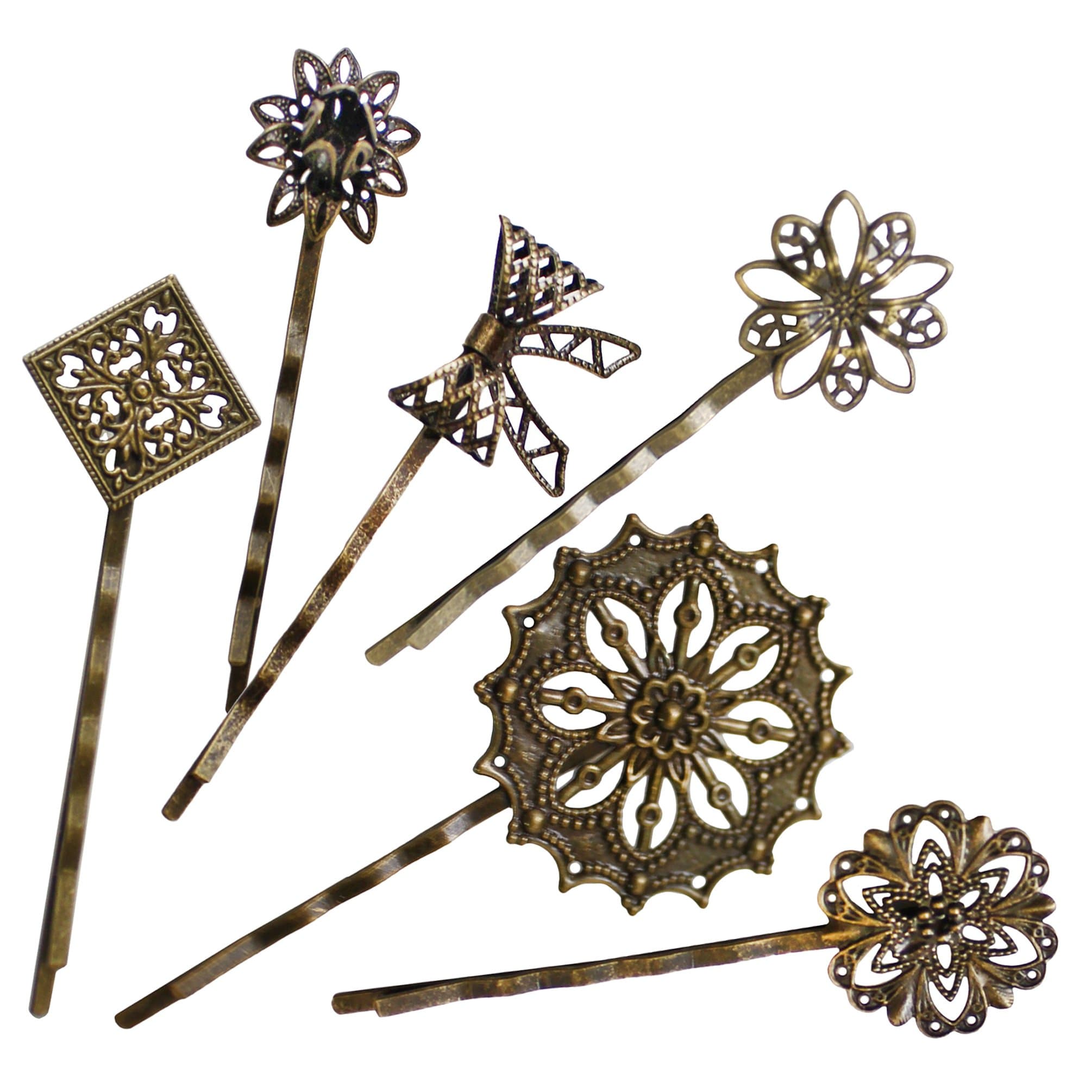 Lizzie Kay 6PCS Retro Vintage Metal Hair Pin Bobby Pins Flower Bow Royal Square Bronze Accessories