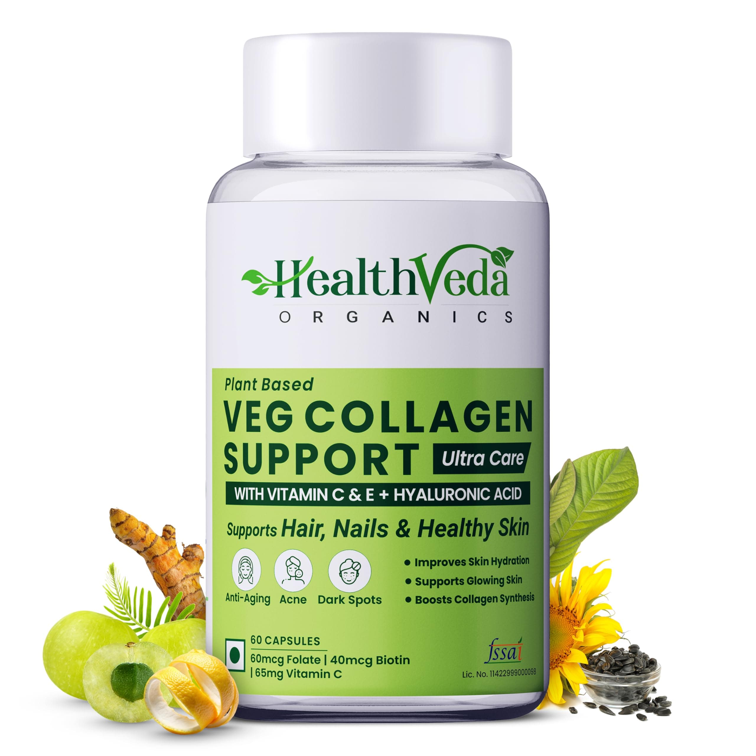 Health Veda Organics Veg Collagen Support | 60 Veg Capsules | Plant-Based Formula with Vitamin C & Biotin | Skin, Hair & Nails Support
