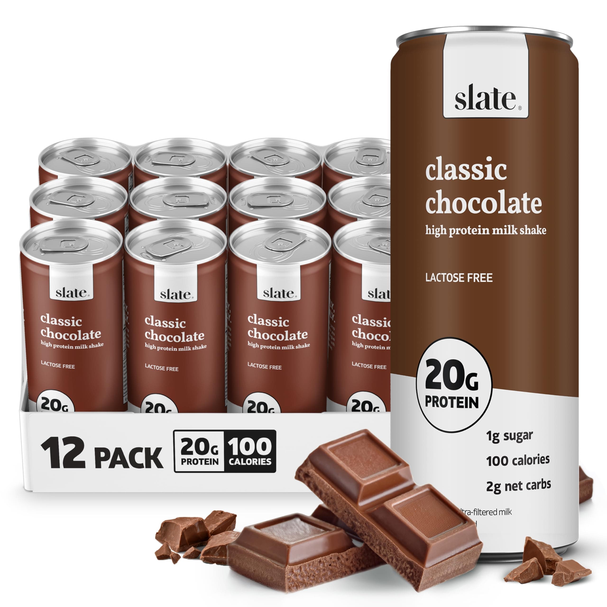 Milk - High Protein Milk Shake - Classic Chocolate - Lactose Free, 20g Protein, 1g Sugar, 100 Calories, 2g Net Carbs, No Added Sugar - Natural, Breakfast Boost, Post Workout - 11 fl oz, 12 Cans