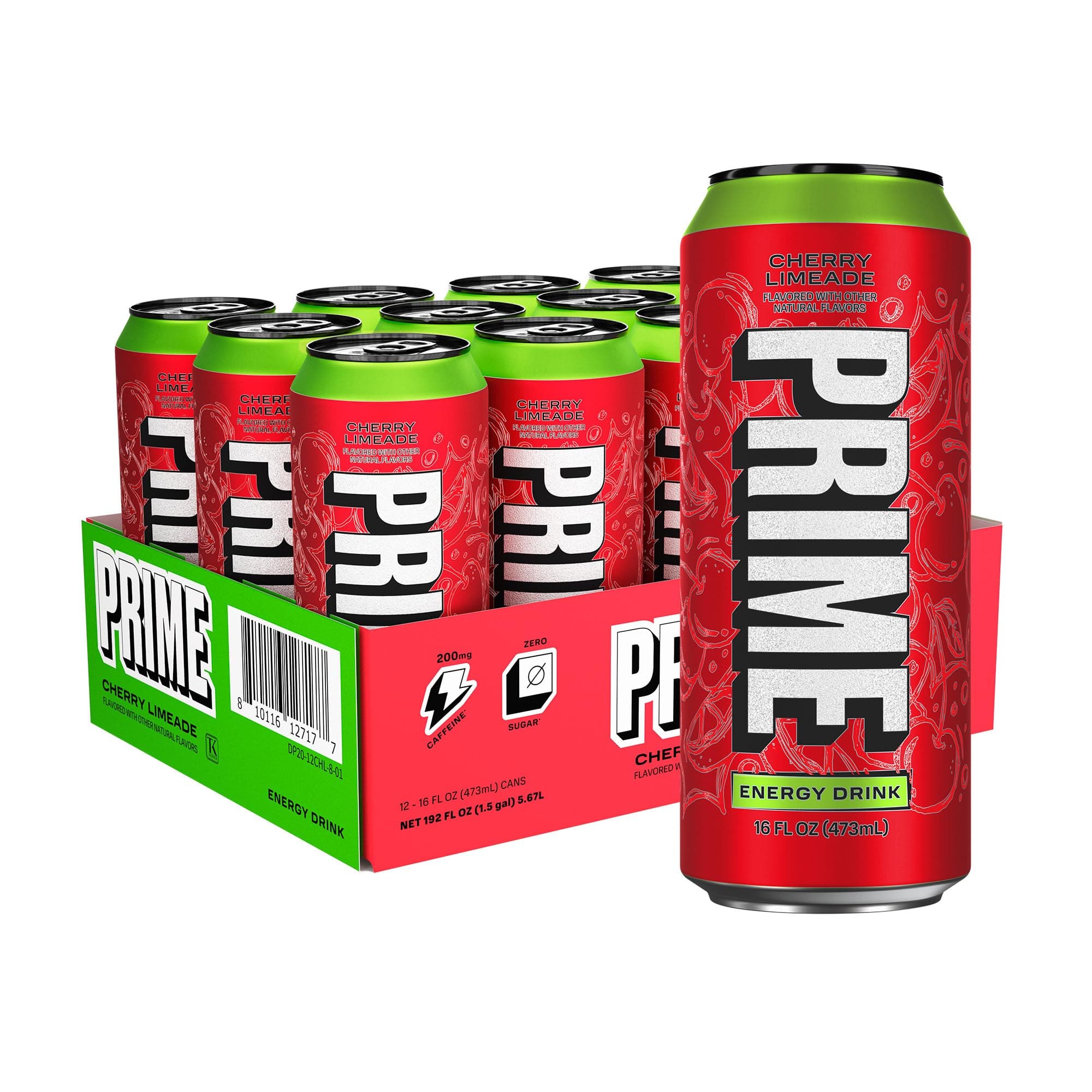PRIME Energy CHERRY LIMEADE, Zero Sugar Energy Drink, 200mg Caffeine and 300mg of Electrolytes for Hydration, Vegan, Gluten Free,16 Fluid Ounce, 12 Pack
