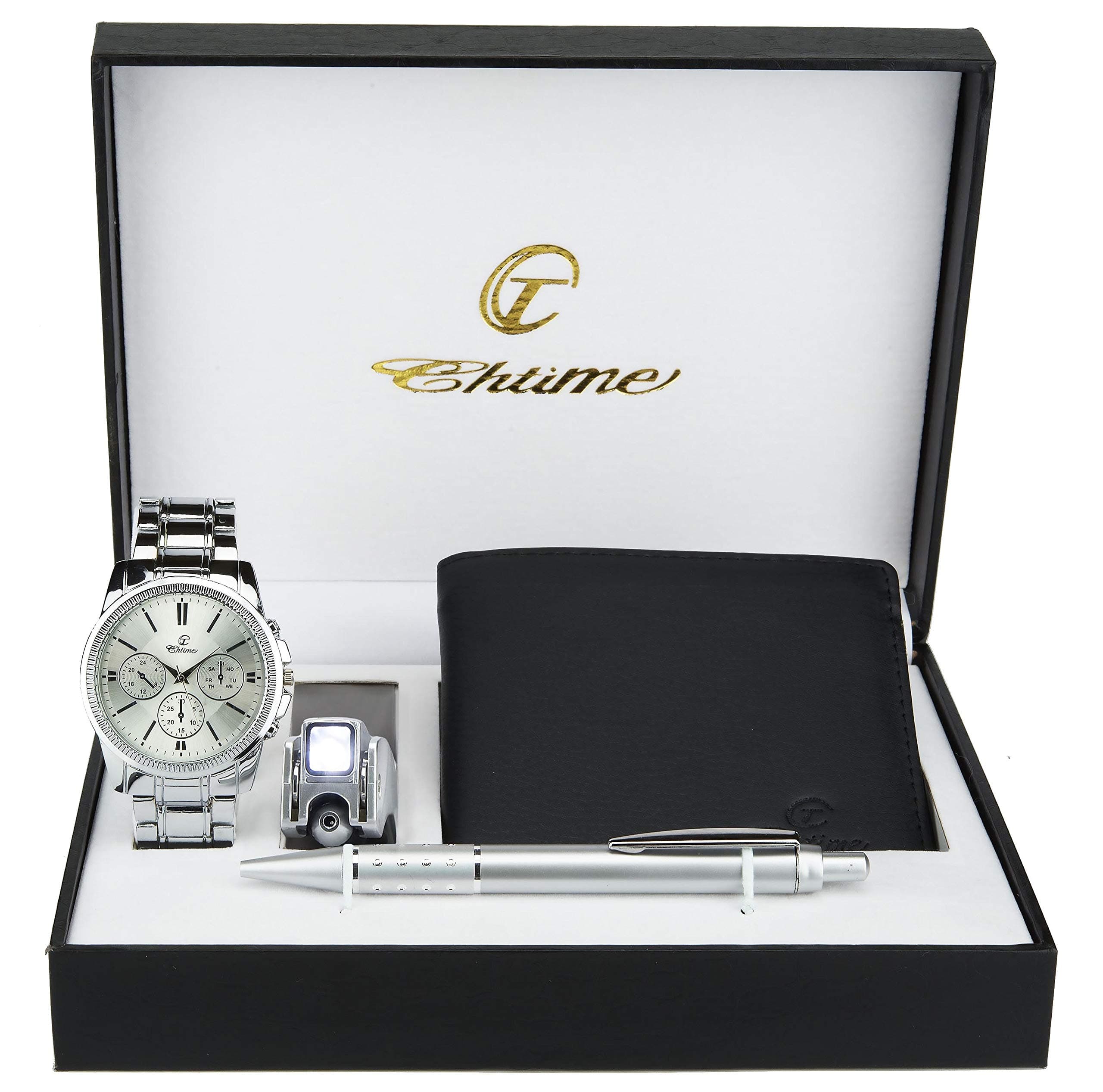 Gift Case for Men - Wallet - Multifunction LED Tool - Ballpoint Pen, Silver