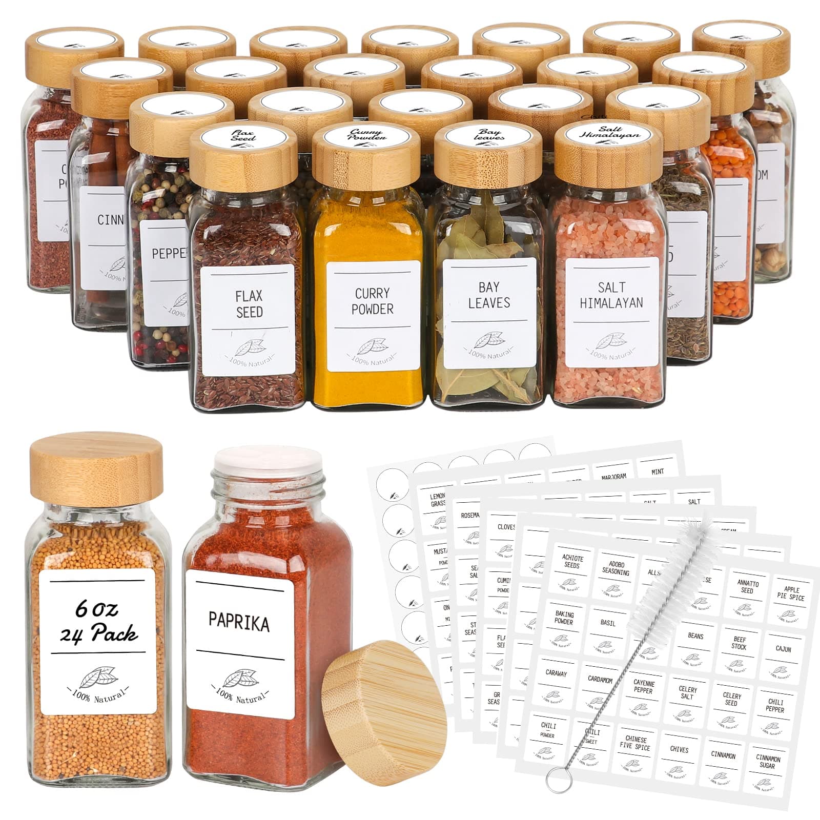 AuroTrends Glass Spice Jars with Bamboo Lids 6oz 24Pack, Spice Jars with Label Complete Set-6oz Spice Containers with Blank & Pre-printed Spice Labels and Straw Brush (6oz 24Pack, Bamboo Lids)