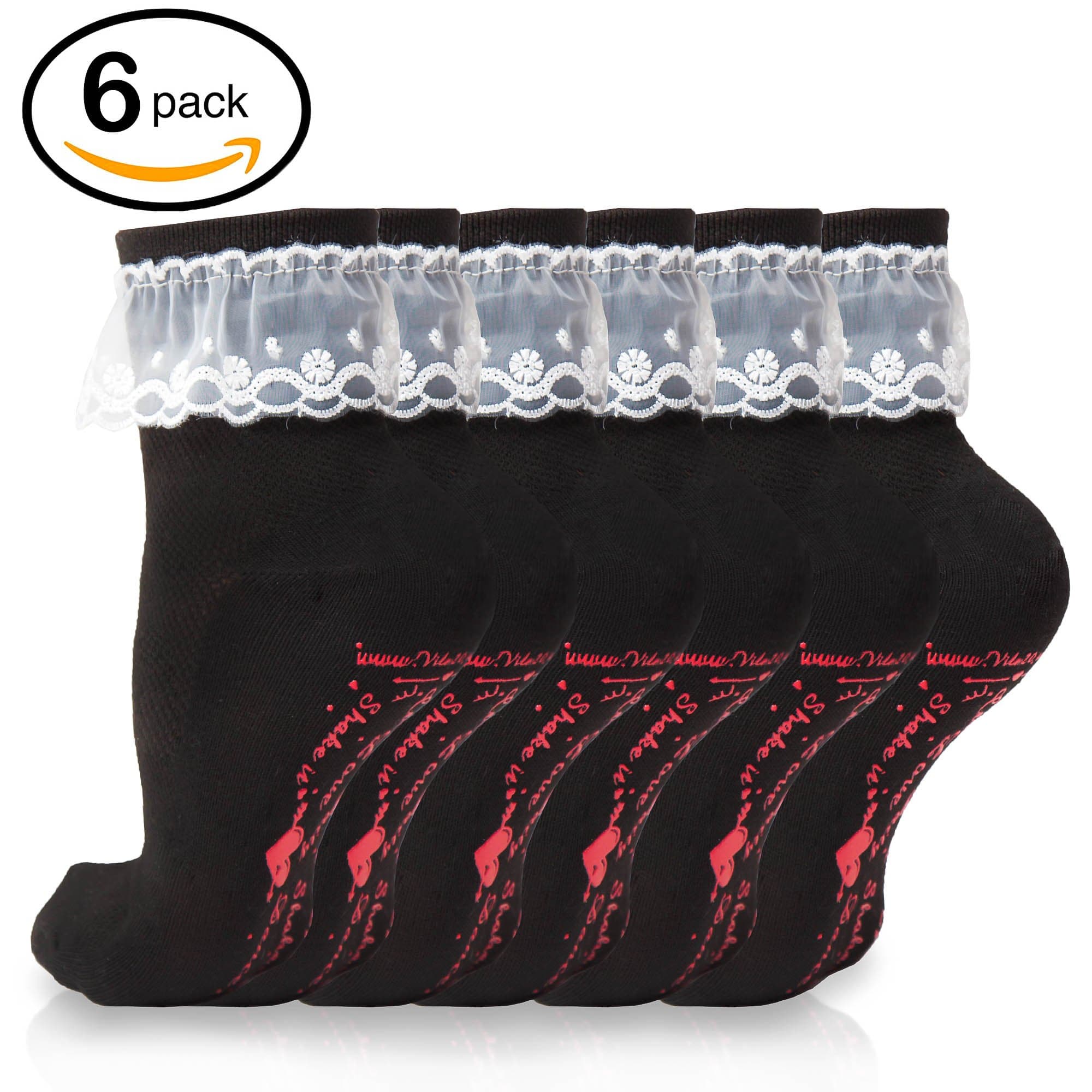 Premium Quality Dance Floor Party Socks (6-Pairs) Wedding & Bachelorette Party Favors, Dance Parties | Non-Skid Bottom, Moisture-Wicking Cotton | Crew Length w/Lace Cuffs | Girls, Ladies (Black)