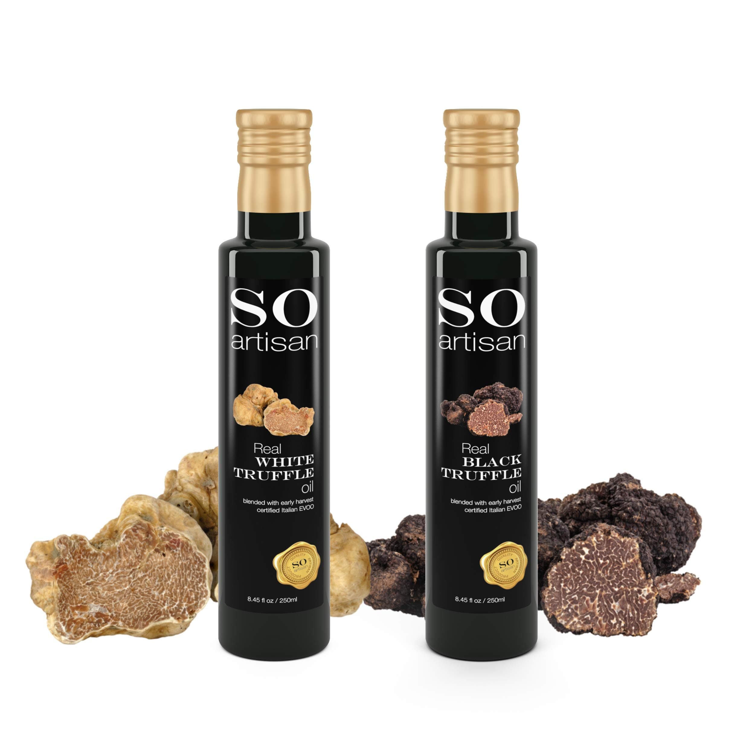 🍃 Certified Italian EVOO Black & White Truffle oil set. Double concentrated truffle oil 8.45fl oz (250ml) by SO artisan. Perfect for gourmet cooking. Vegan, Vegetarian & FODMAP Diet safe.