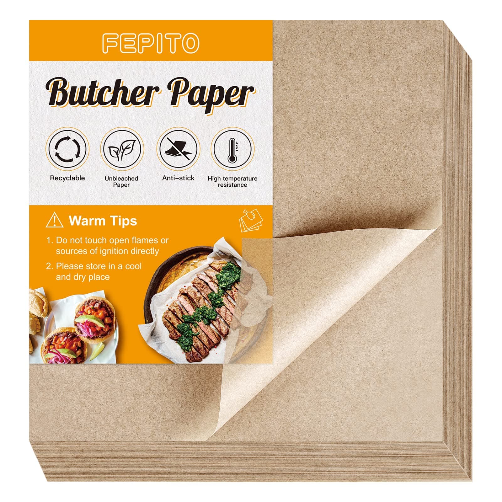 FEPITO 60 Pieces Brown Butcher Paper Square Meat Sheet No Wax Butcher Paper 12 x 12 inch Precut Butcher Paper Disposable Butcher Paper Sheets for Wrapping Meat Sublimation Heat Press