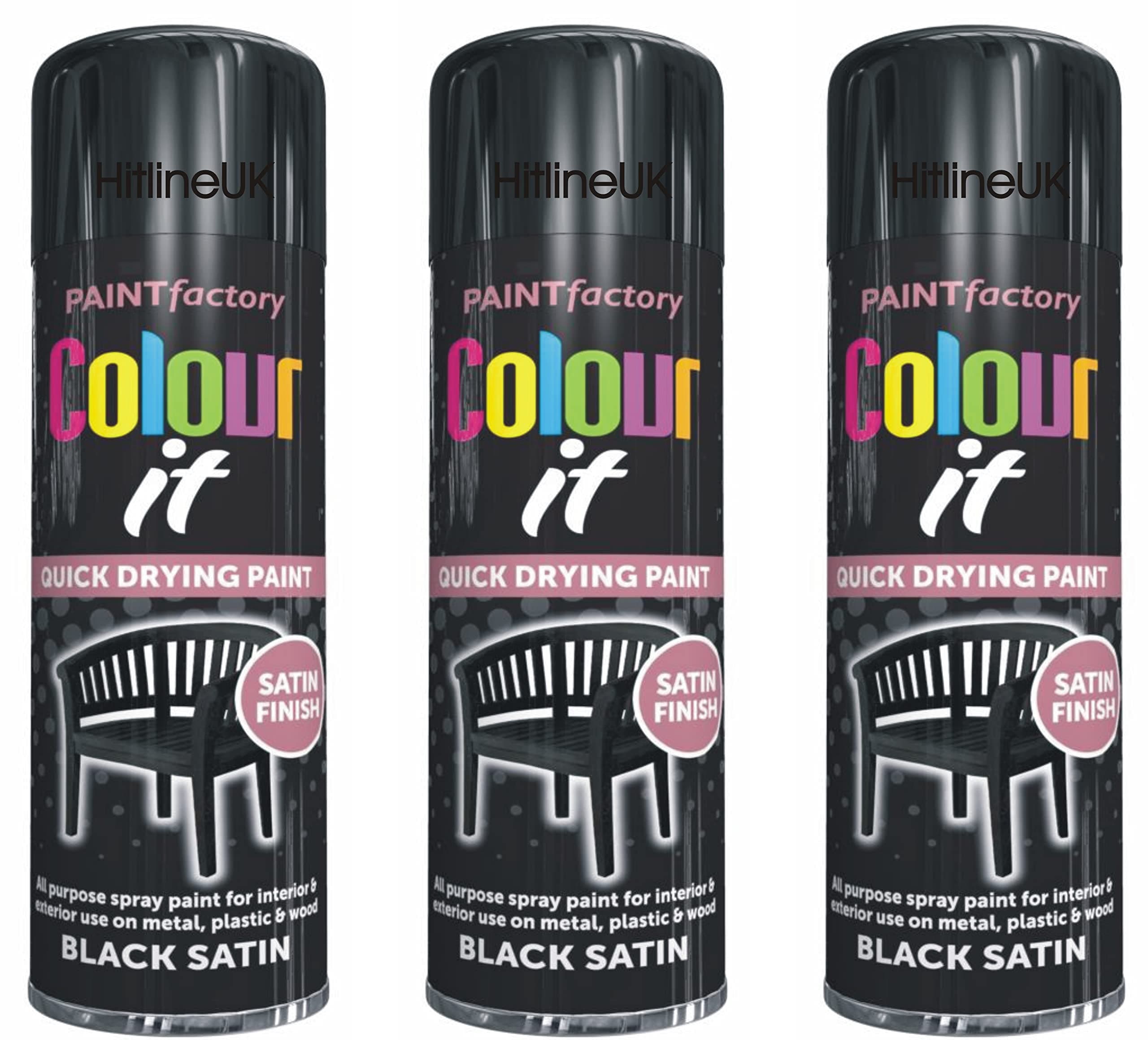 3 x SATIN BLACK PAINT AEROSOL COLOUR IT SPRAY CAN QUICK DRYING DIY PLASTIC METAL WOOD 250ML