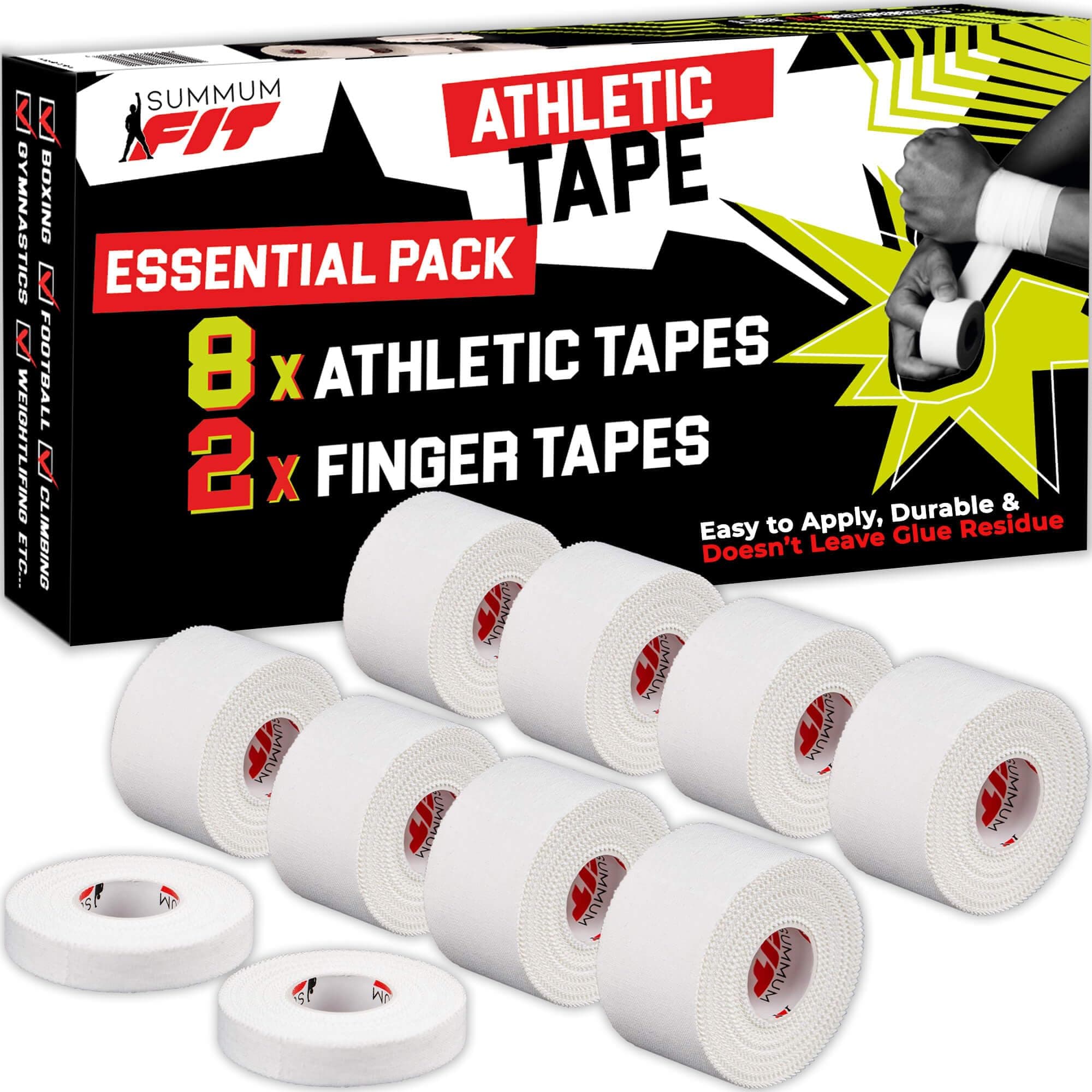 Summum Fit White Athletic Tape: 8 Rolls + 2 Finger Tape. Easy to Apply, No Sticky Residue. Sports Tape for Boxing, Football or Climbing. Enhance Wrist, Ankle & Hand Protection Now