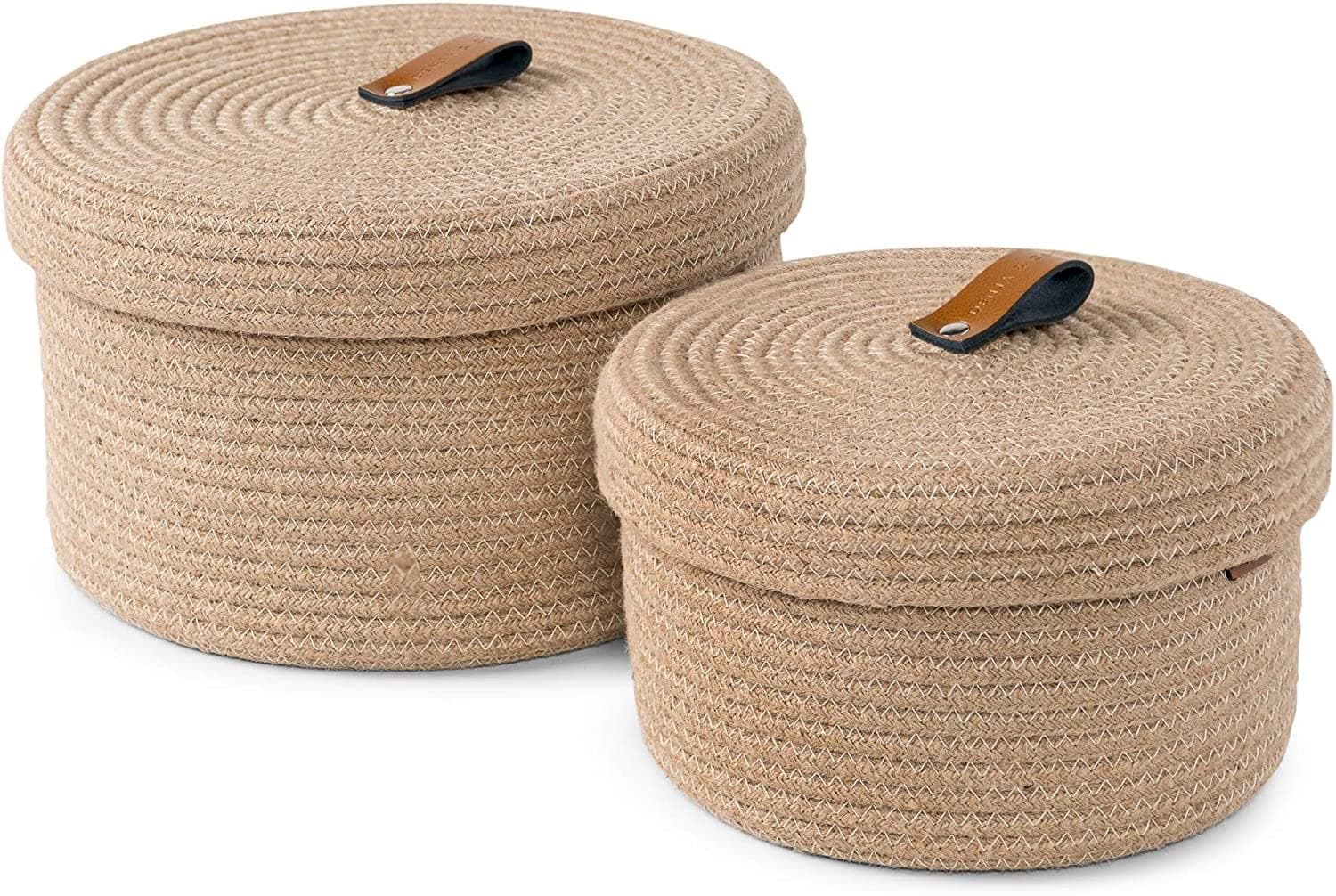 HOME boho round mini rope paper storage jute woven Shelf basket hamper baby nursery tray bucket organizer gifts set of 2 for kids toys,fruits,living room,bathroom,kitchen,office set 2 (Brown)