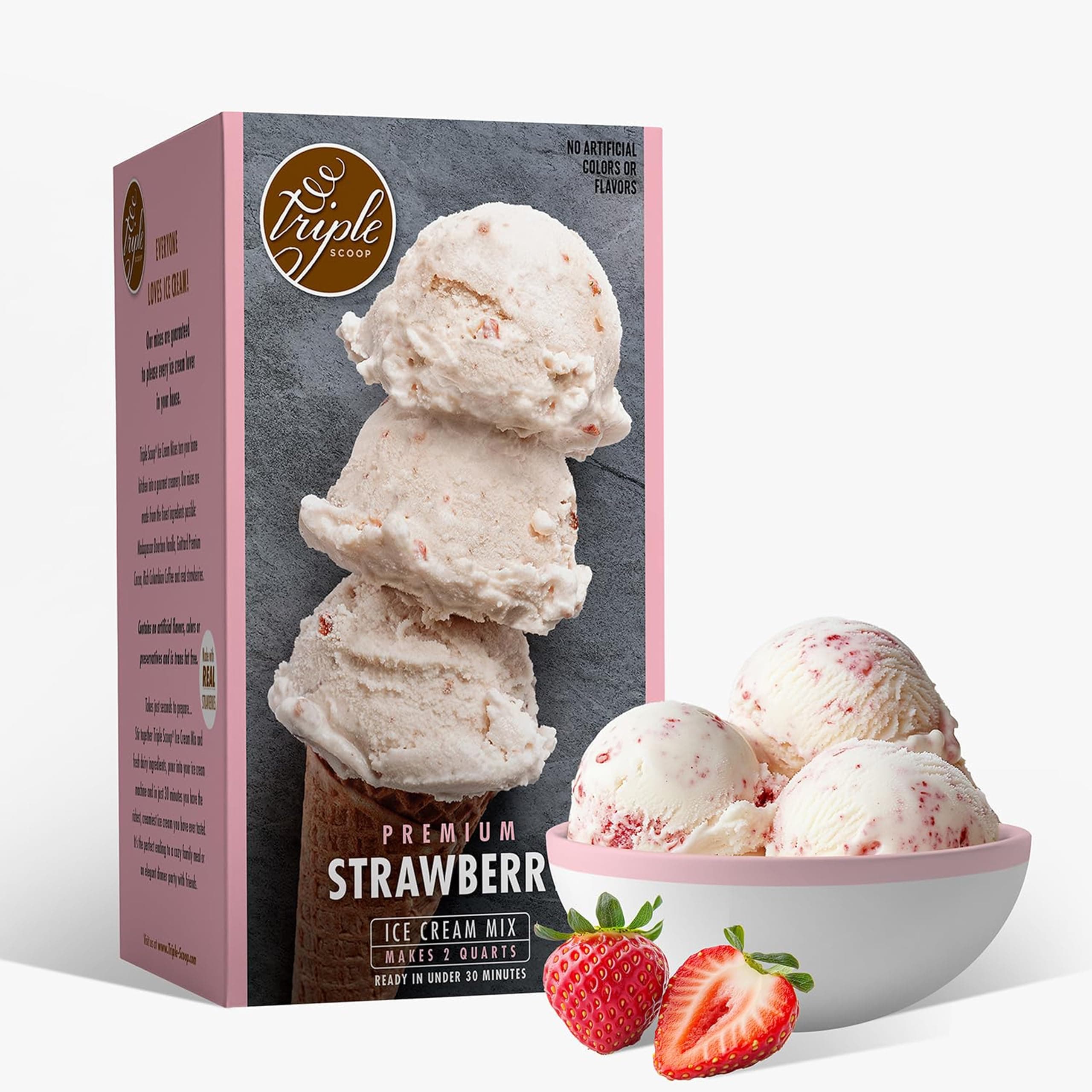 Triple Scoop - Premium Strawberry Ice Cream Mix For Ice Cream Maker. Simple, Easy, Delicious. From Gourmet Mix To Maker in 5 Minutes, Makes 2 Creamy Quarts, Made in USA (1 Pack, Strawberry)