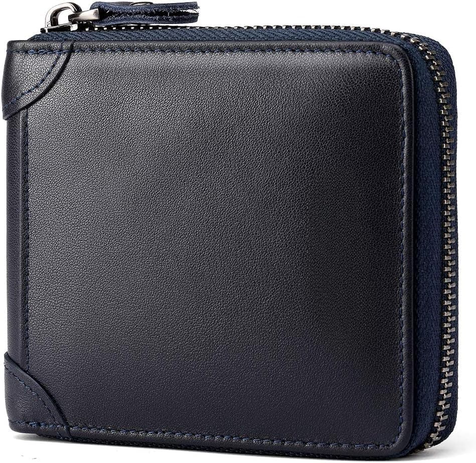 Mens Genuine Leather Zipper Wallet RFID Secure Large Capacity Double Fold Multi-Card Leather Wallets for Men and Coin Purse (Blue)