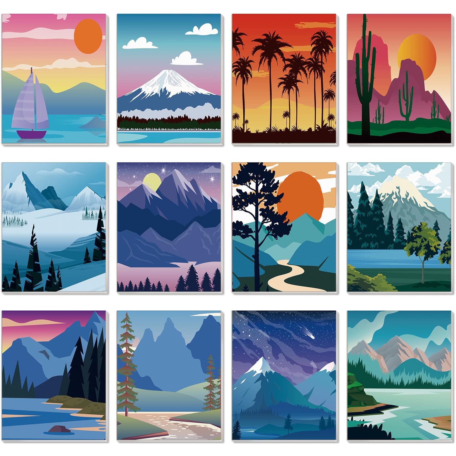 Sherr 12 Pcs Pre Printed Canvas Pre Drawn Canvas Cute Canvas Painting Set for Kids Printed Canvas to Paint Canvas Set Theme Canvas Painting for Party Favor (Landscape,11 x 14 Inch)