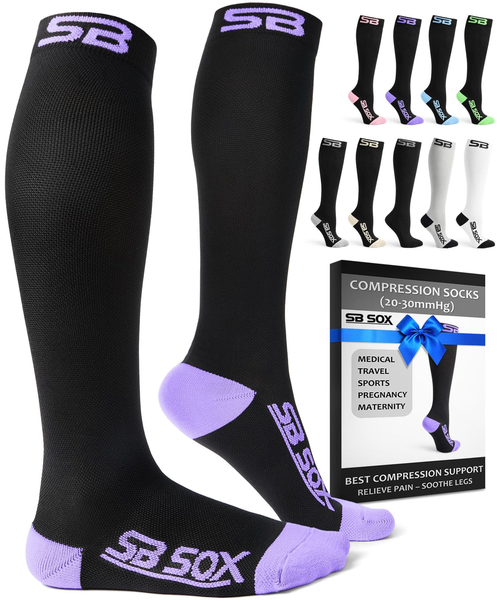 Compression Socks (20-30mmHg) for Men & Women – Best Compression Socks and Calf/Shin Support for All Day Wear, Travel, Better Blood Flow, Swelling! (Small, Black/Purple)