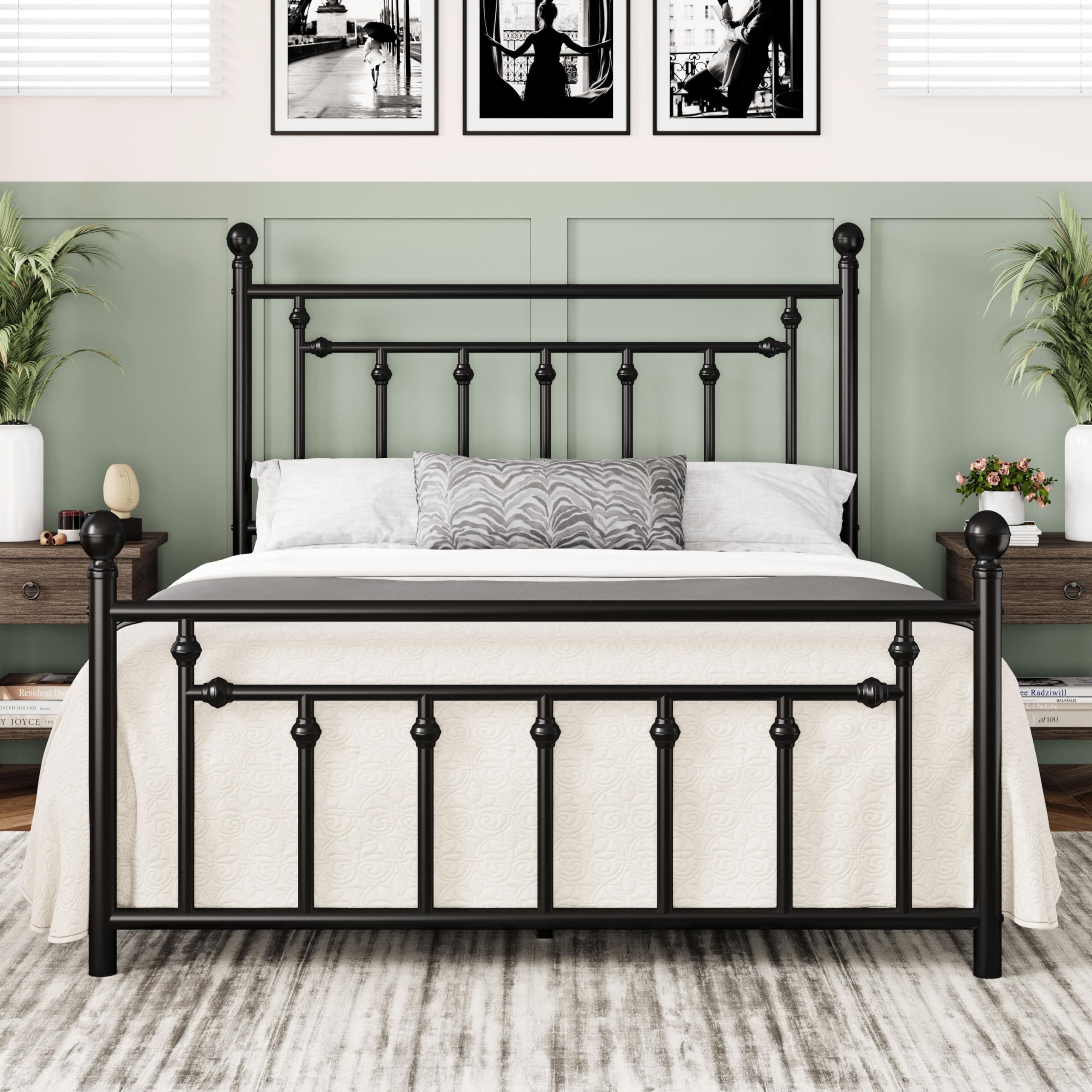 Allewie 14 Inch Queen Size Metal Platform Bed Frame with Victorian Vintage Headboard and Footboard/Mattress Foundation/Under Bed Storage/No Box Spring Needed/Easy Assembly/Noise Free/Black