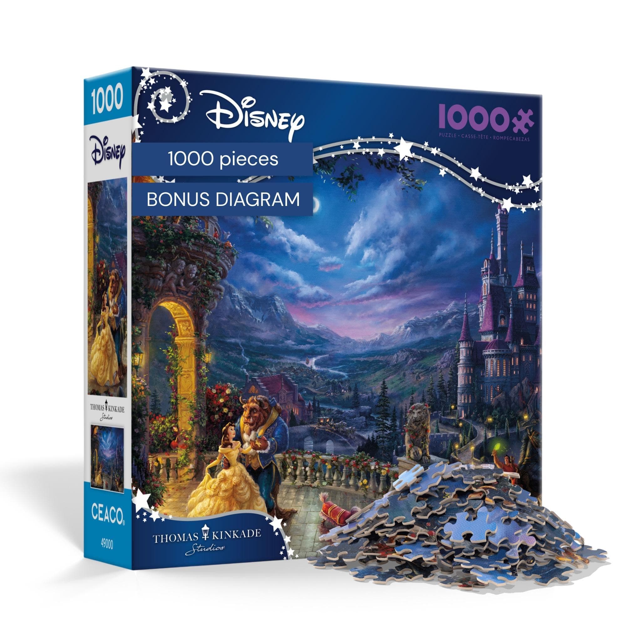 Ceaco - Thomas Kinkade Disney Beauty & The Beast Dancing in The Moonlight 1000 Piece Jigsaw Puzzle, Made in USA, Premium Recycled Board, Full-Color Poster