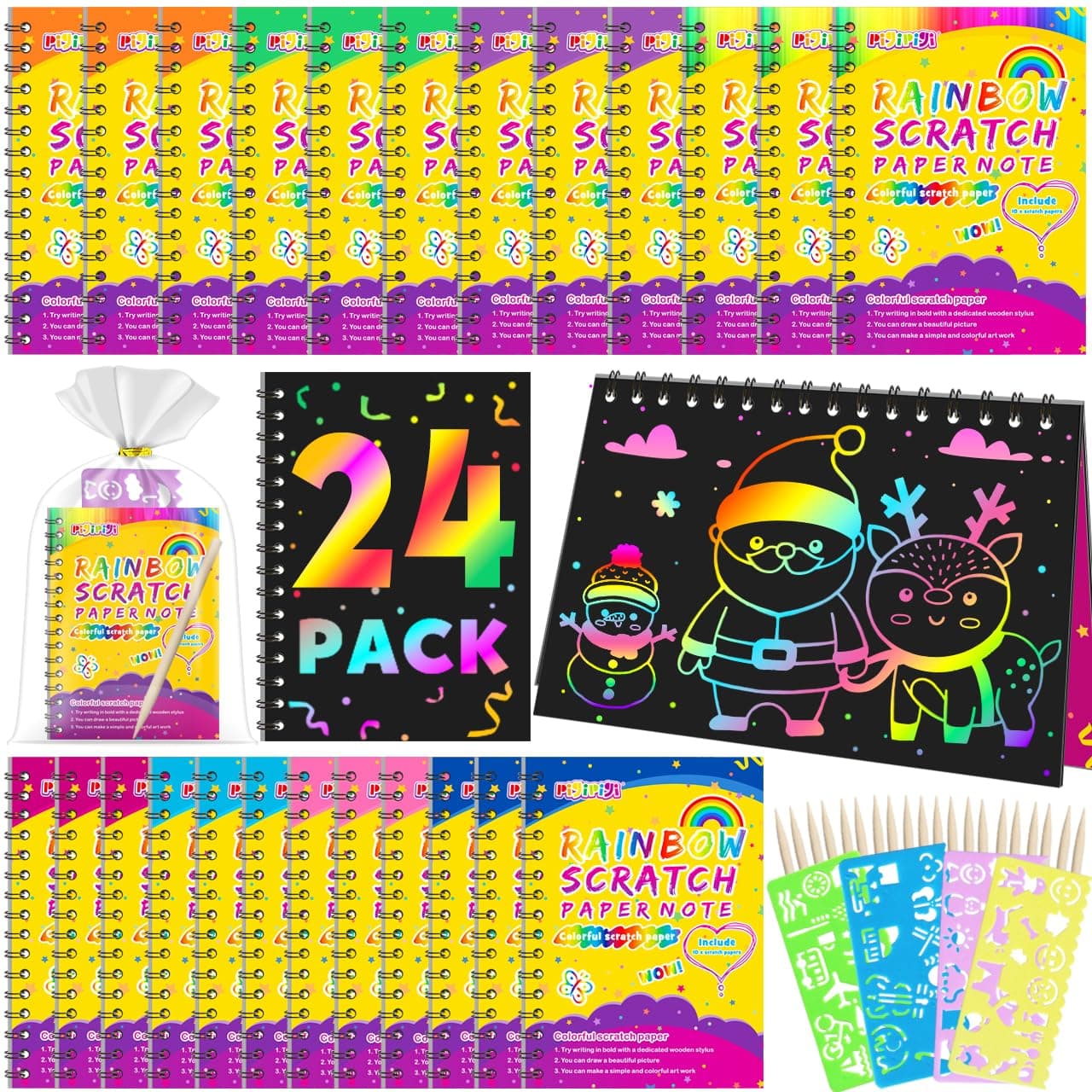 pigipigi Scratch Party Favors for Kids - 24 Pack Rainbow Scratch Notebook Set Art Paper Supplies for Boys Girls Age 3 4 5 6 7 8 9 Coloring Craft Party DIY Toy for Birthday Christmas Holiday Gifts