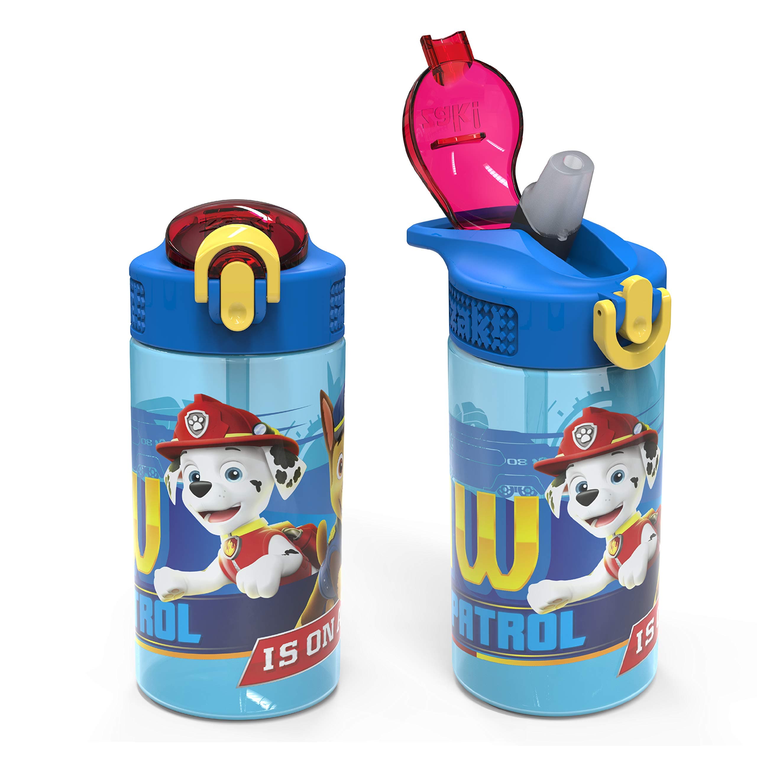 PAW Patrol Kids Water Bottle with Spout Cover and Built-in Carrying Loop, Durable Plastic, Leak-Proof Water Bottle Design for Travel (16 oz, 2-Pack, Non-BPA, Marshall)