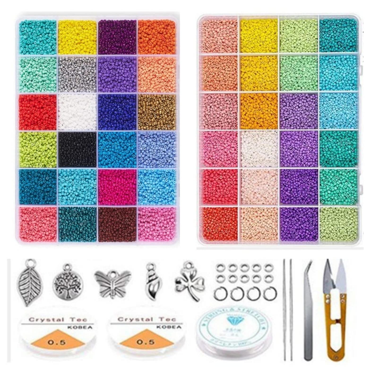 Grab Mantra 48000 Pcs Glass Seed Beads Kit - 2mm Multicolor Alphabet Beads for Bracelets, DIY Jewelry Making, Craft Supplies with Elastic String Cord, Charms & Rings - Perfect for Arts and Crafts