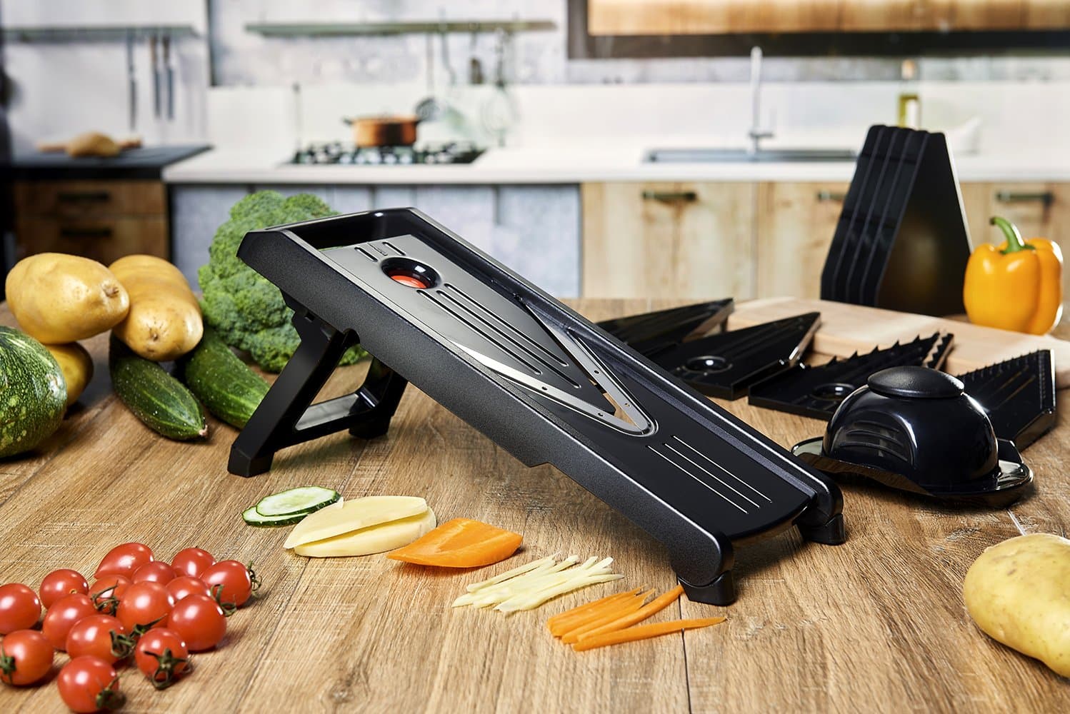 V-Blade Stainless Steel Mandoline Slicer, Peeler, Cutter and Julienne. Best For Slicing Food, Fruit and Vegetables. Includes 5 Interchangeable Blades and Blade Safety Sleeve