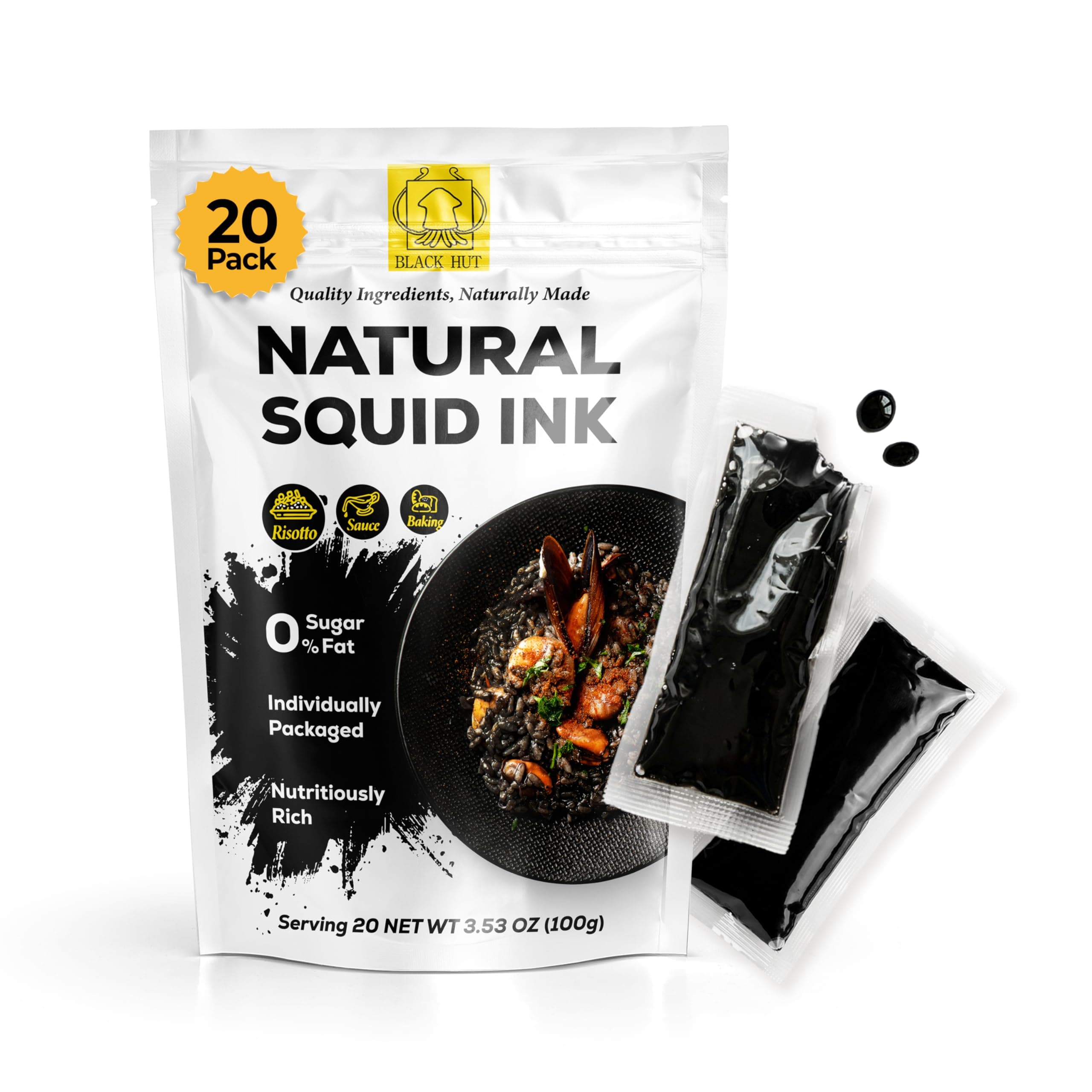 (5g x 20 Pack) Black Hut Squid Ink for Cooking, Squid Ink Pasta, Black Food Coloring, Tinta Calamari for Rice Noodles Piaza Spaghetti Risotto, Cuttlefish Ink for Baking mix, Halal Certificate, Contains Molluscs, 3.53 oz / 100 g